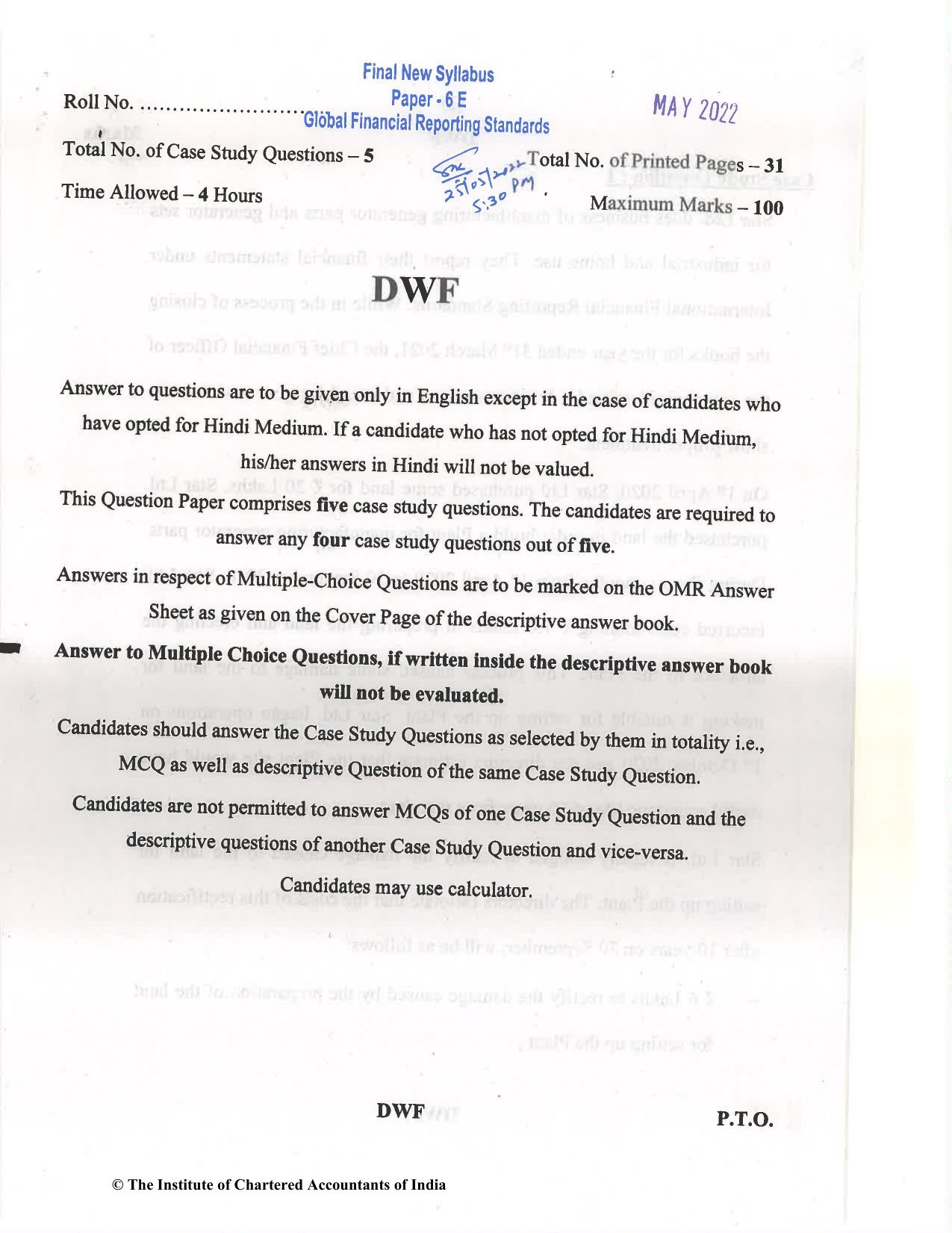 CA Final May 2022 Question Paper - Paper 6E – Global Financial Reporting Standards - Page 1