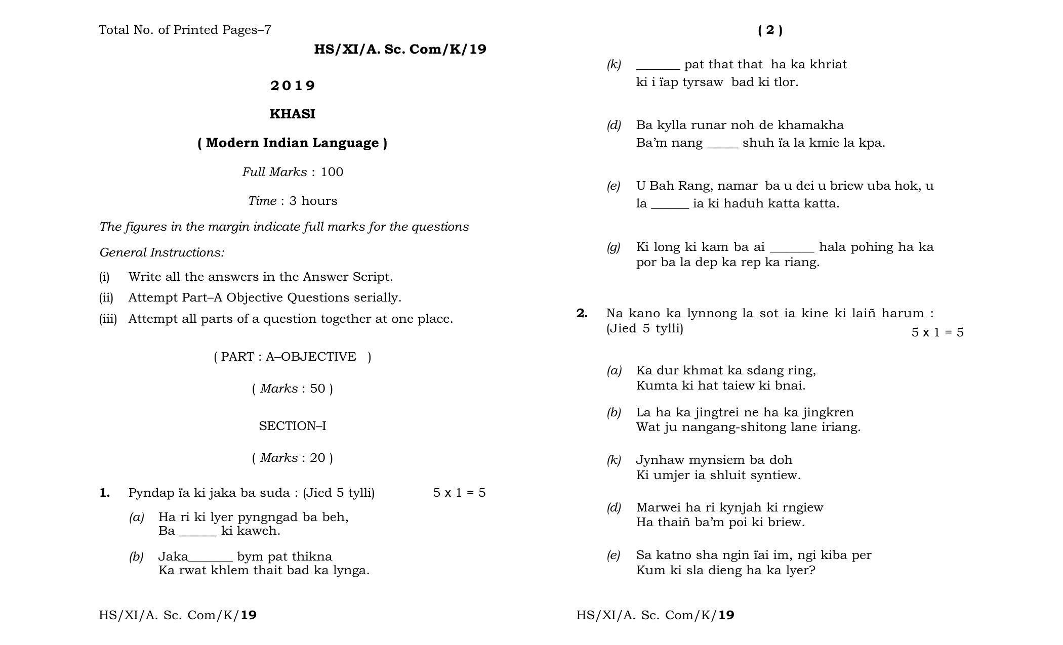 Meghalaya Board (MBOSE) Class 11 Khasi_MIL 2019 Question Paper - Page 1