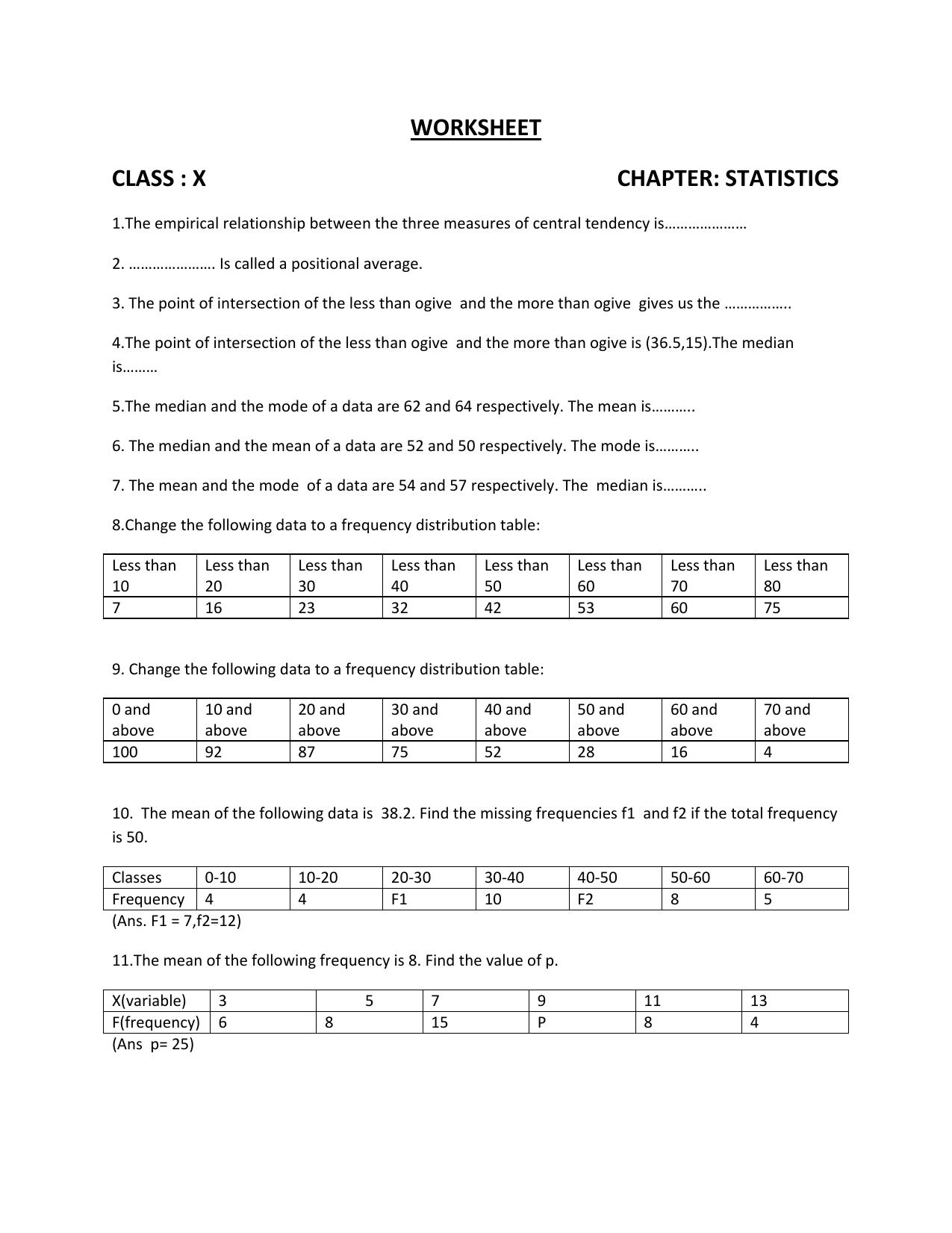 CBSE Worksheets for Class 10 Maths Statistics Assignment 3 - Page 1