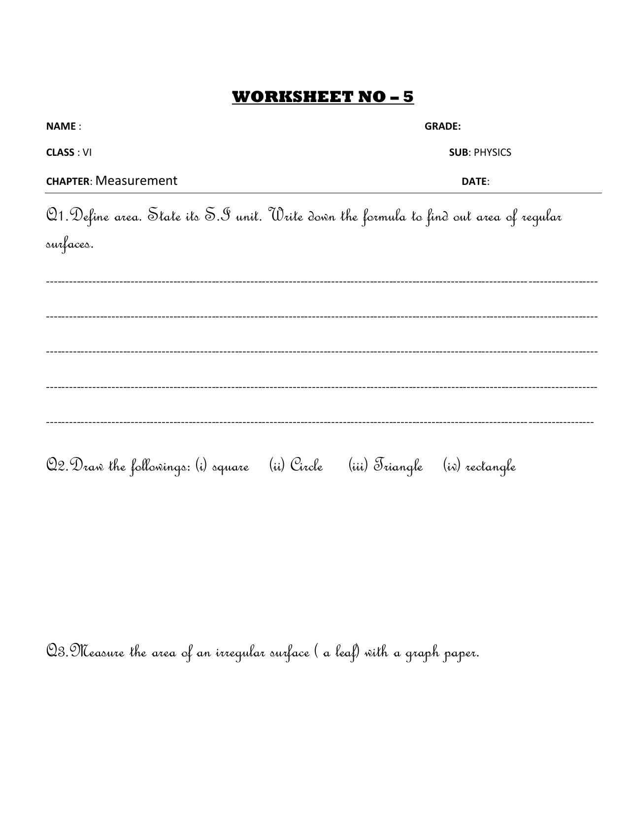 CBSE Worksheets for Class 6 Physics Measurement Assignment 3 - Page 1