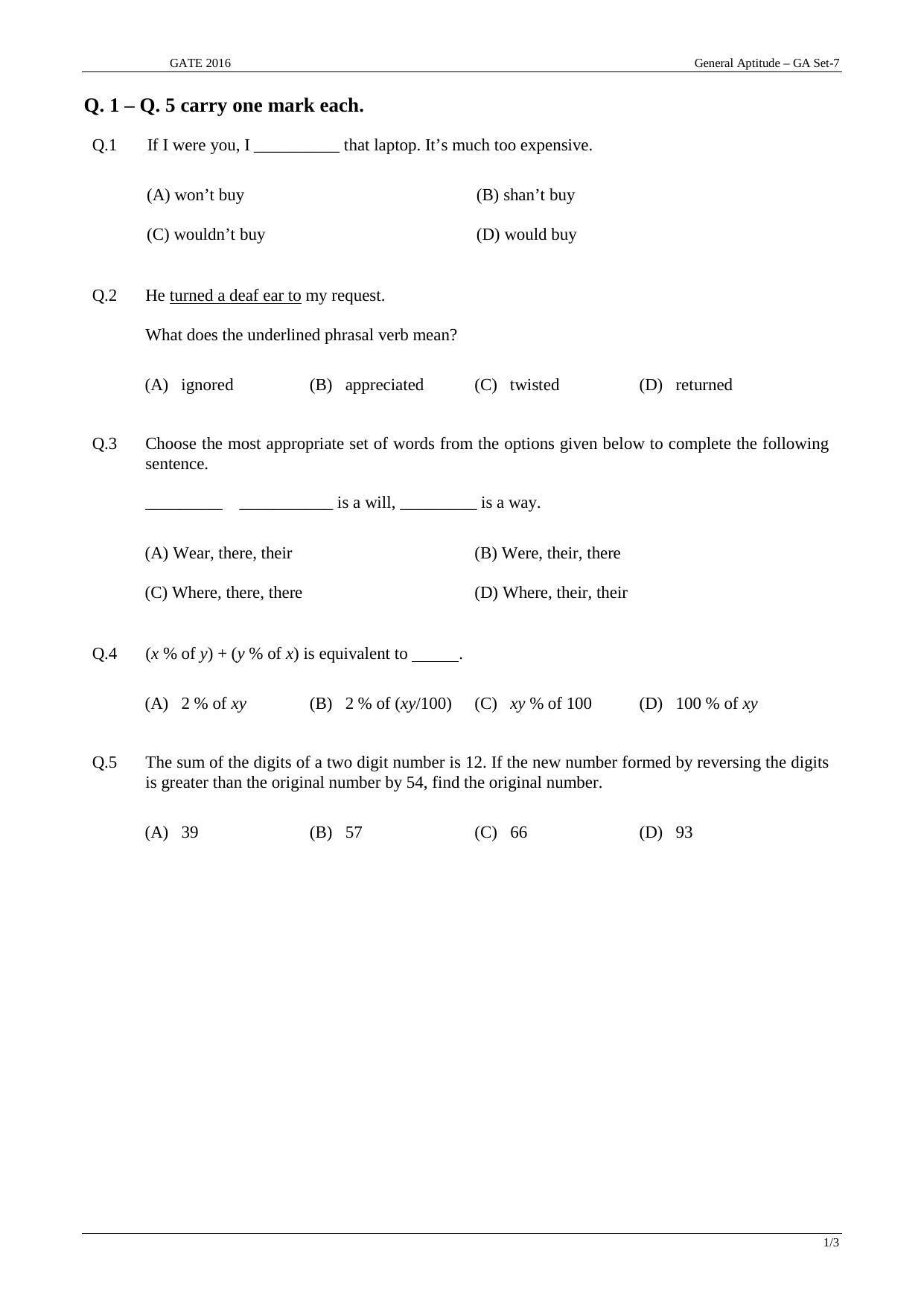 GATE 2016 Agricultural Engineering (AG) Question Paper with Answer Key - Page 1