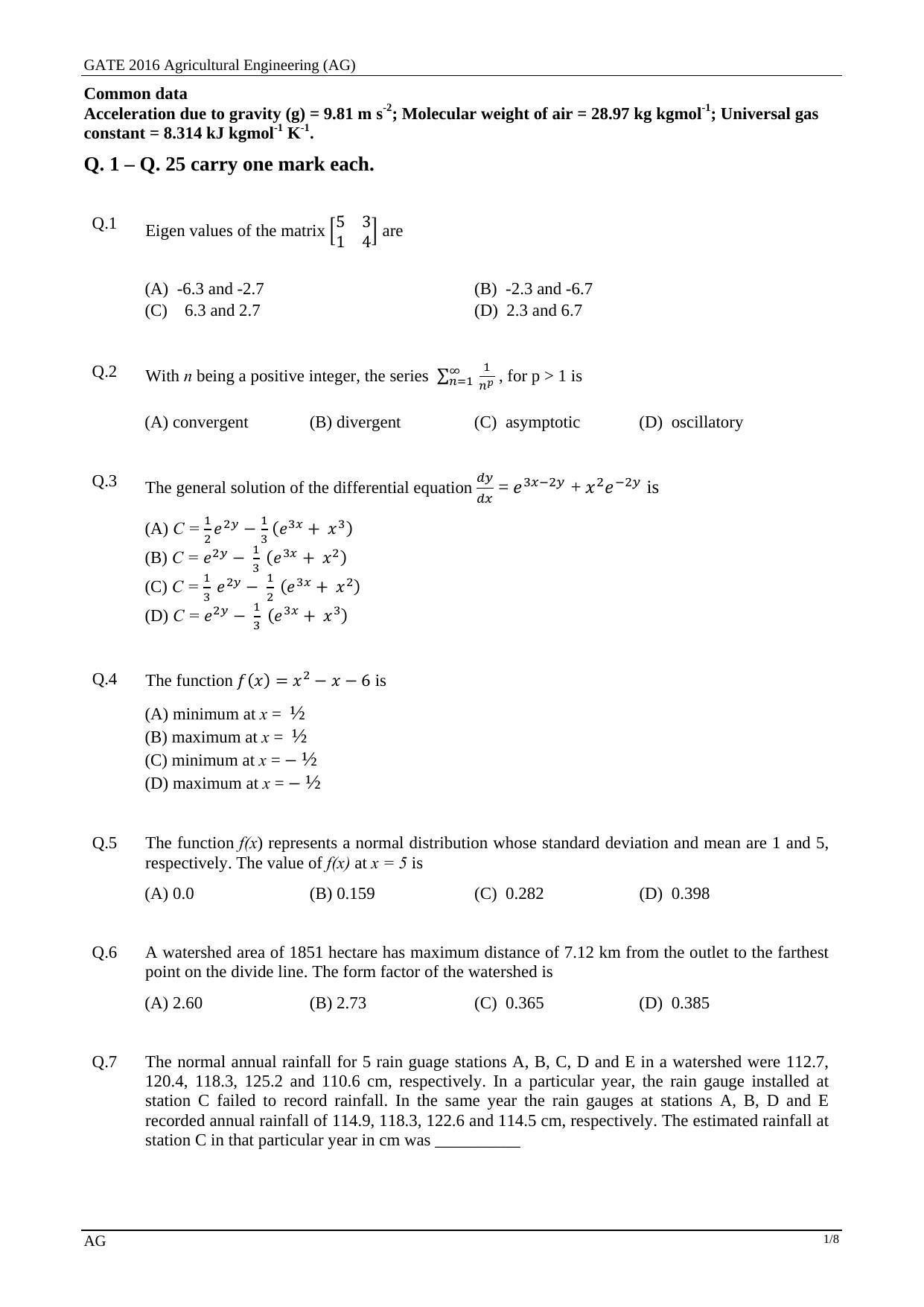 GATE 2016 Agricultural Engineering (AG) Question Paper with Answer Key - Page 4
