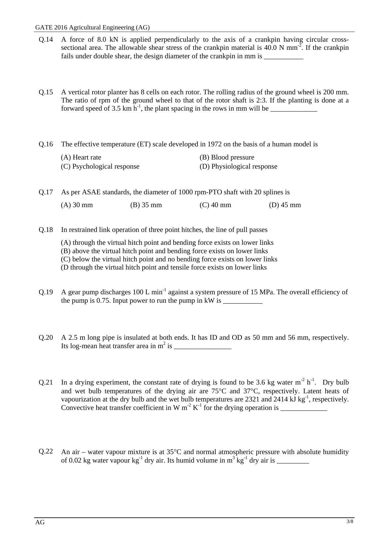 GATE 2016 Agricultural Engineering (AG) Question Paper with Answer Key - Page 6