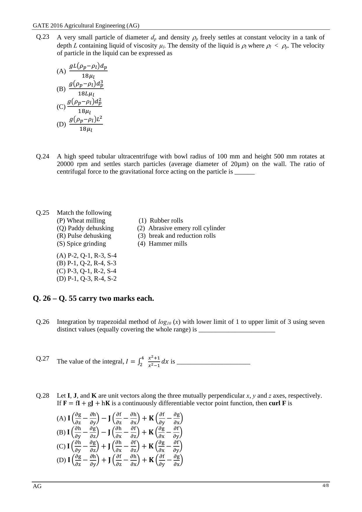 GATE 2016 Agricultural Engineering (AG) Question Paper with Answer Key - Page 7