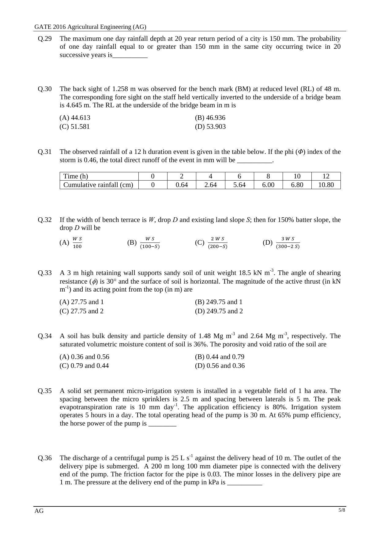 GATE 2016 Agricultural Engineering (AG) Question Paper with Answer Key - Page 8