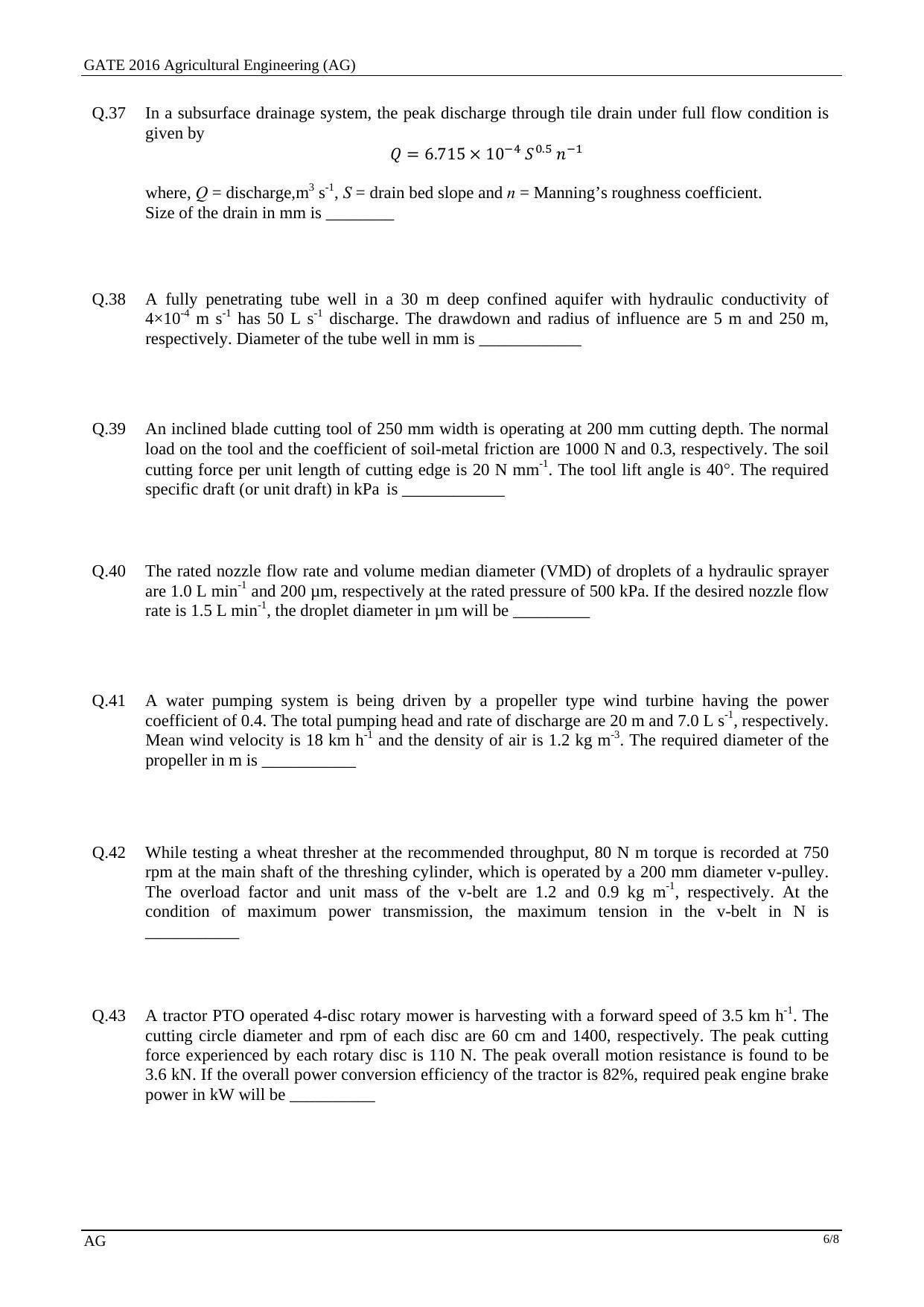 GATE 2016 Agricultural Engineering (AG) Question Paper with Answer Key - Page 9