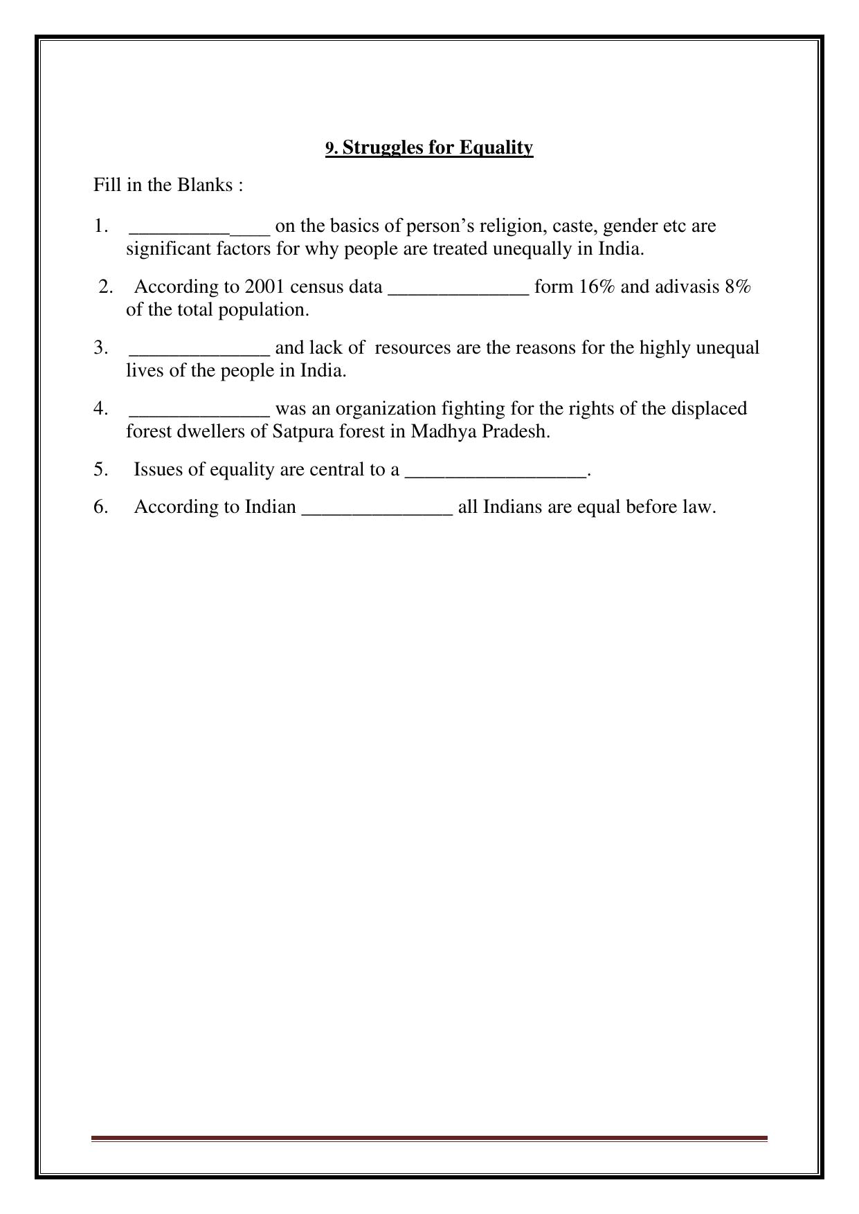 CBSE Worksheets for Class 7 Social Science Struggles for Equality Assignment - Page 1