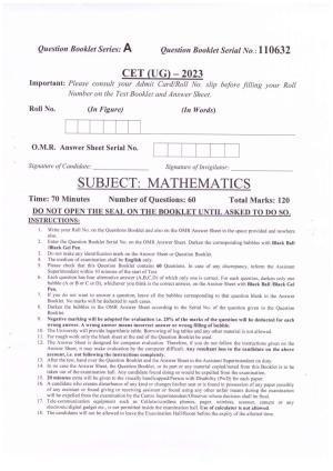 CETPG (Mathematics) 2023 Question Paper