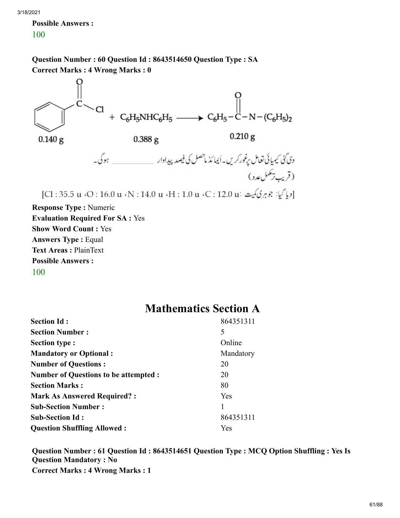 JEE Mains 2021: BTech EU (Shift 2) 17-03-2021 Question Paper - Page 61
