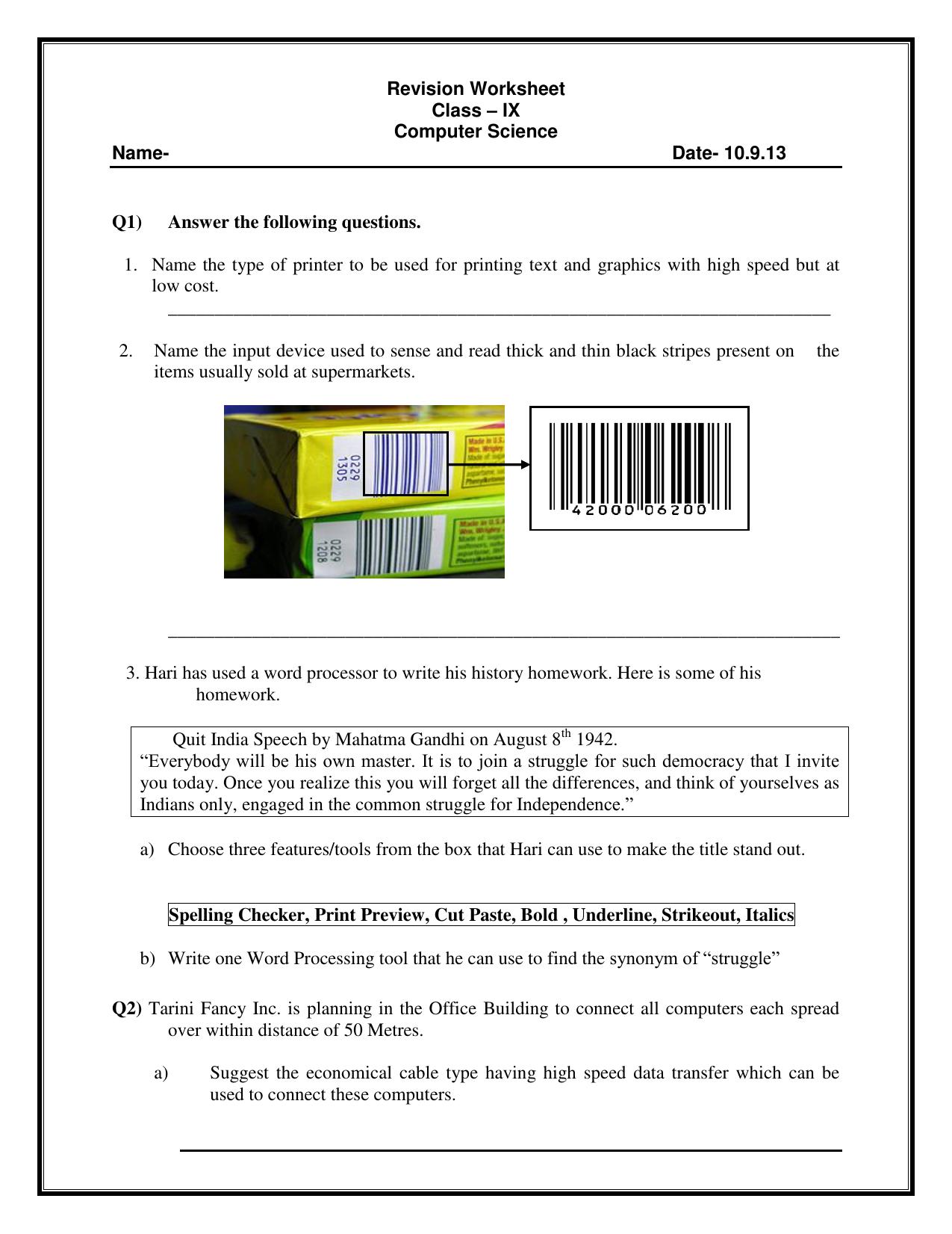CBSE Worksheets for Class 9 Computer Science Assignment 1 - Page 1