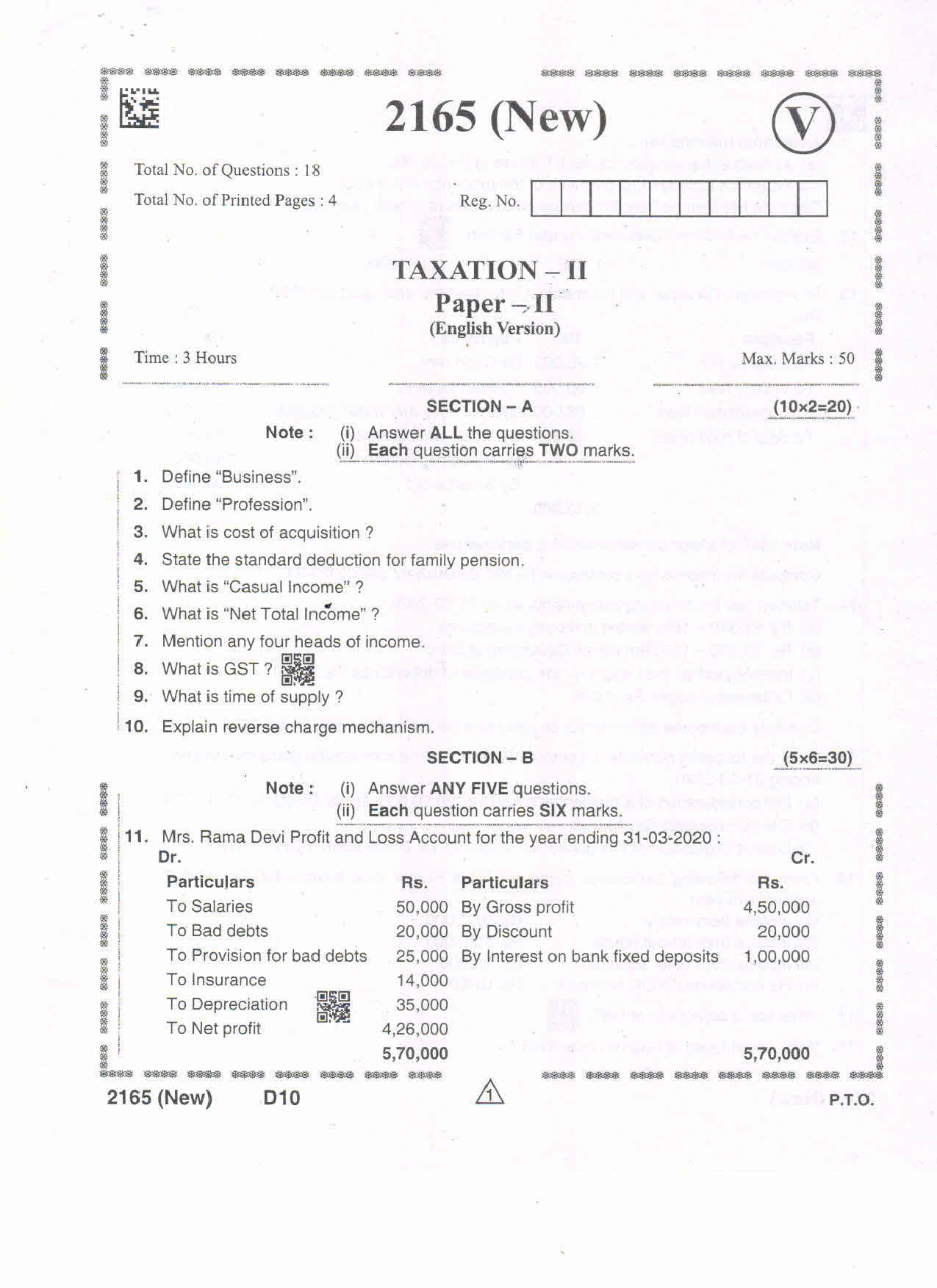 AP Intermediate 2nd Year Vocational Question Paper September-2021 - Taxation-II - Page 1