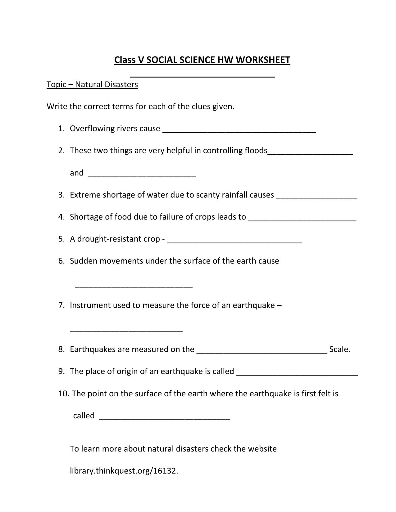 Worksheet for Class 5 Social Science Natural Disasters Assignment 1 - Page 1