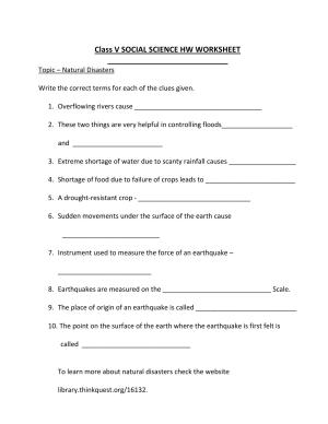 Worksheet for Class 5 Social Science Natural Disasters Assignment 1