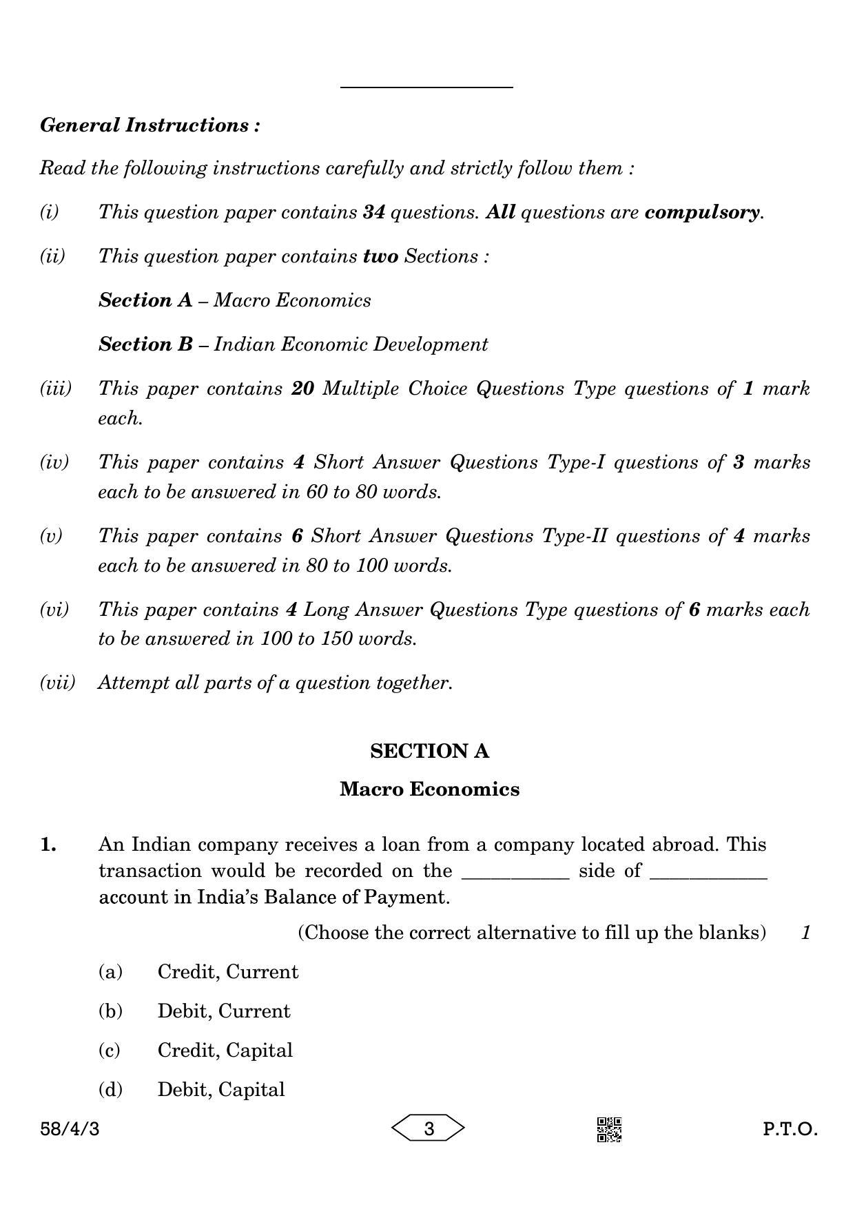 CBSE Class 12 58-4-3 Economics 2023 Question Paper - Page 3