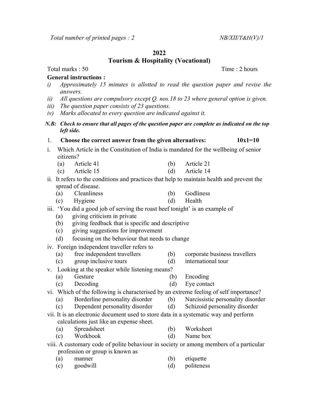 Nagaland Board Class 12 Tourism and Hospitality 2022 Question Paper - Page 1