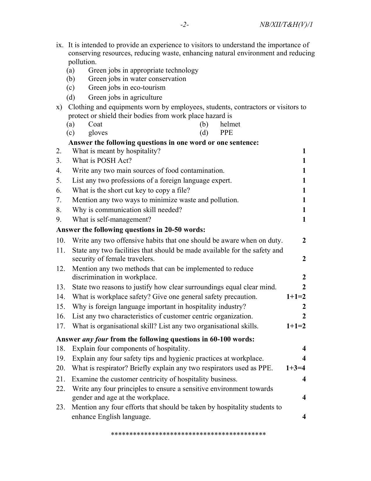 Nagaland Board Class 12 Tourism and Hospitality 2022 Question Paper - Page 2