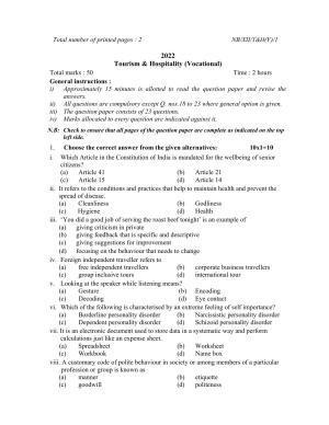 Nagaland Board Class 12 Tourism and Hospitality 2022 Question Paper