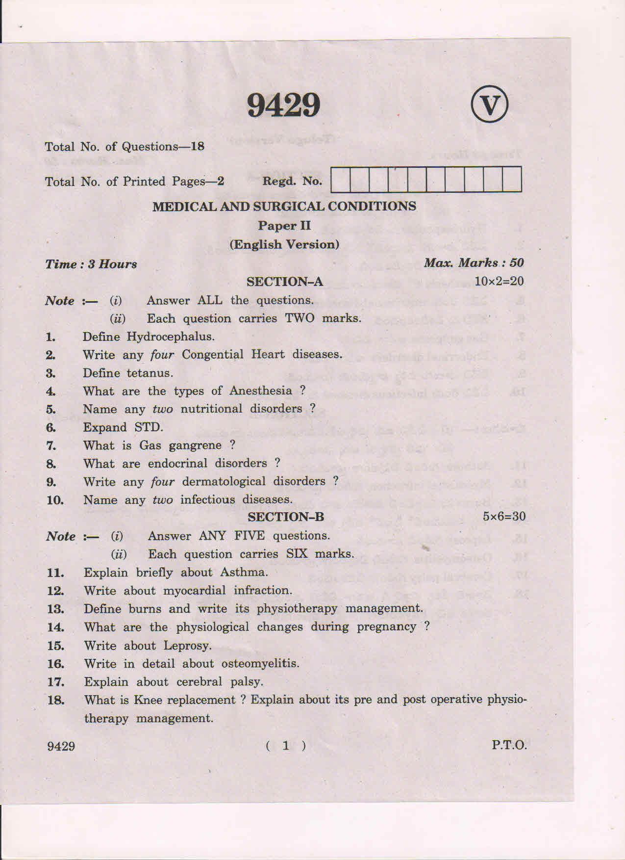 AP Inter 2nd Year Medical and Surgical Conditions-II March-2019-Vocational Question Paper - Page 1