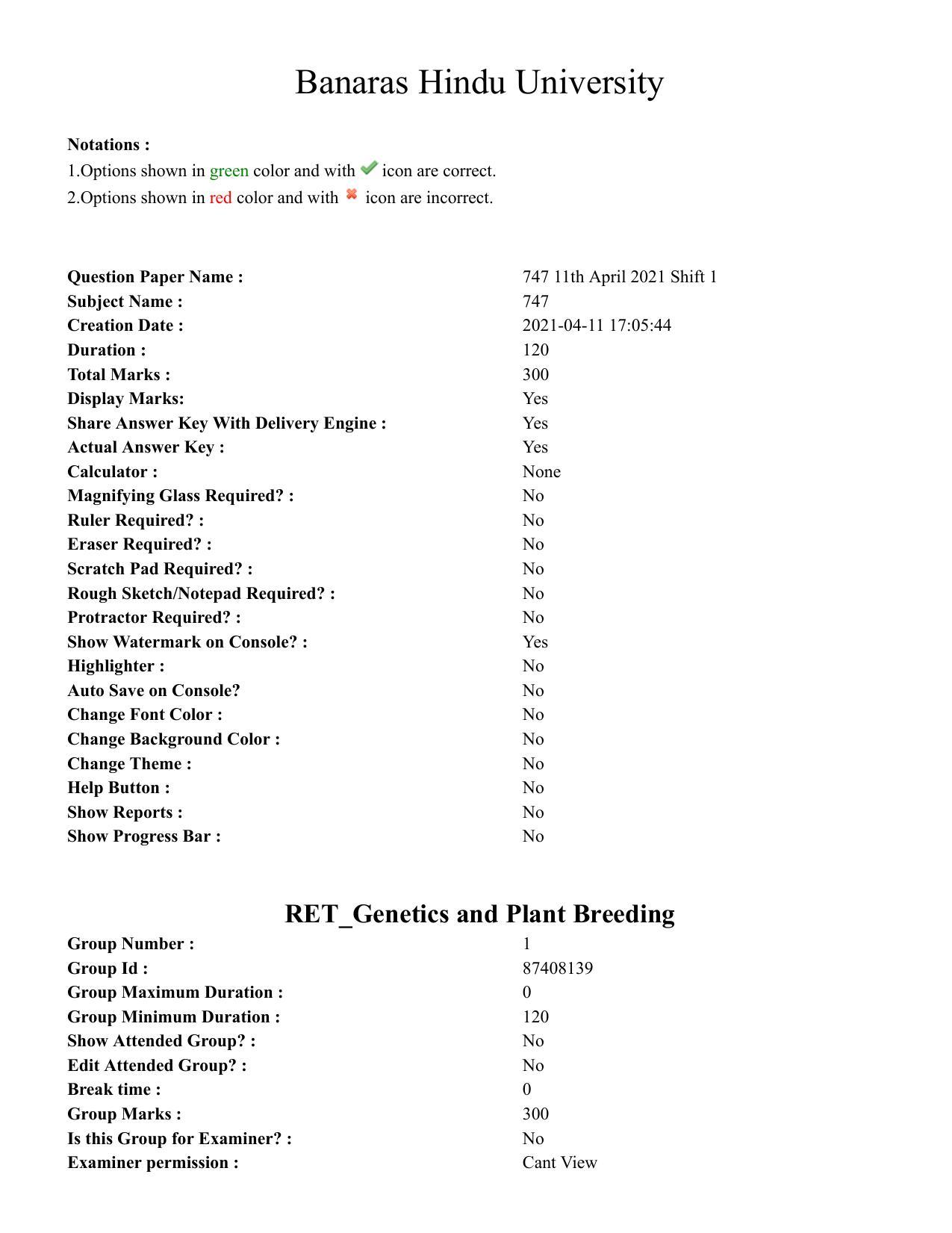 BHU RET Genetics and Plant Breeding 2020 Question Paper  - Page 1