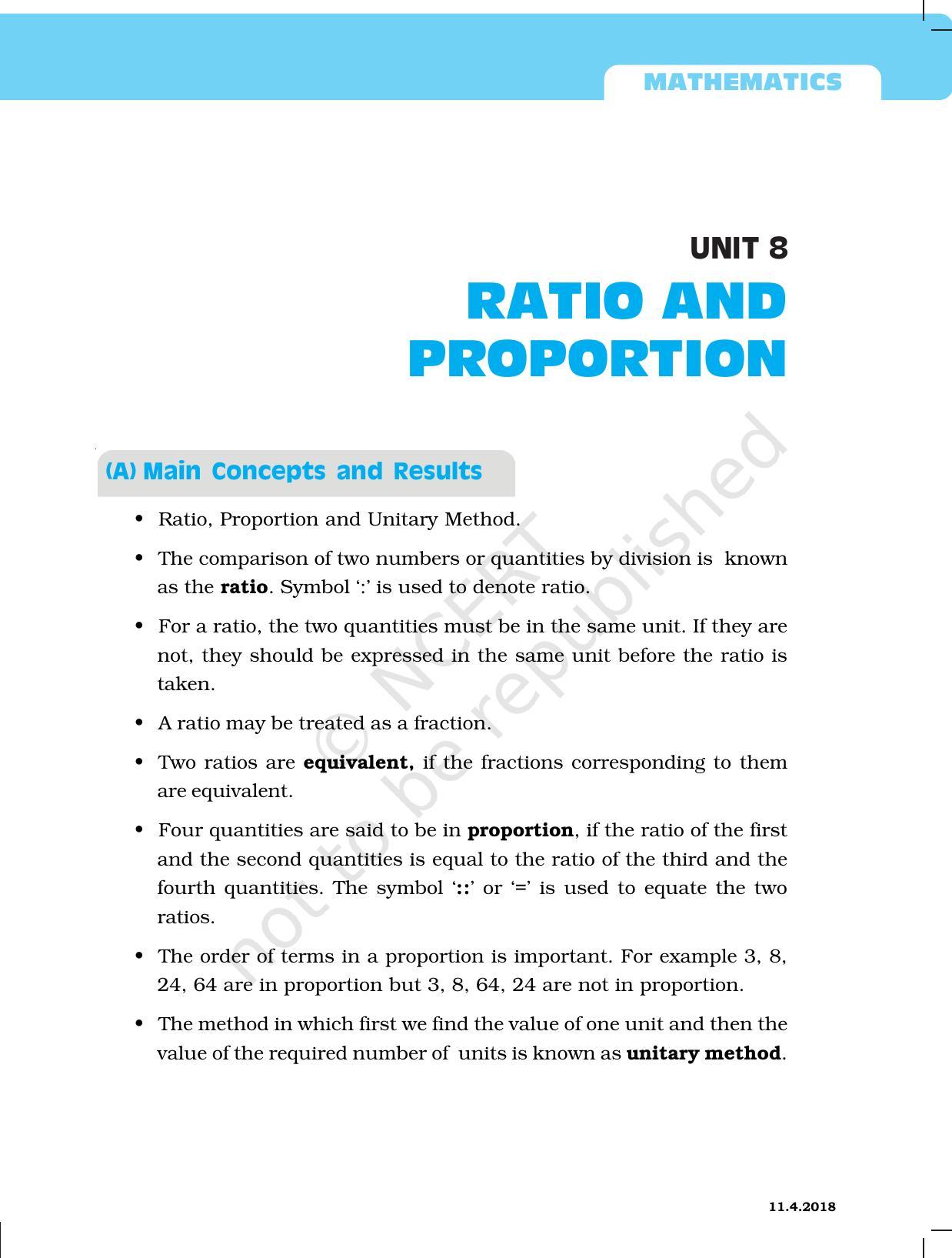 NCERT Exemplar Book for Class 6 Maths: Chapter 8-Ratio & Proportion - Page 1