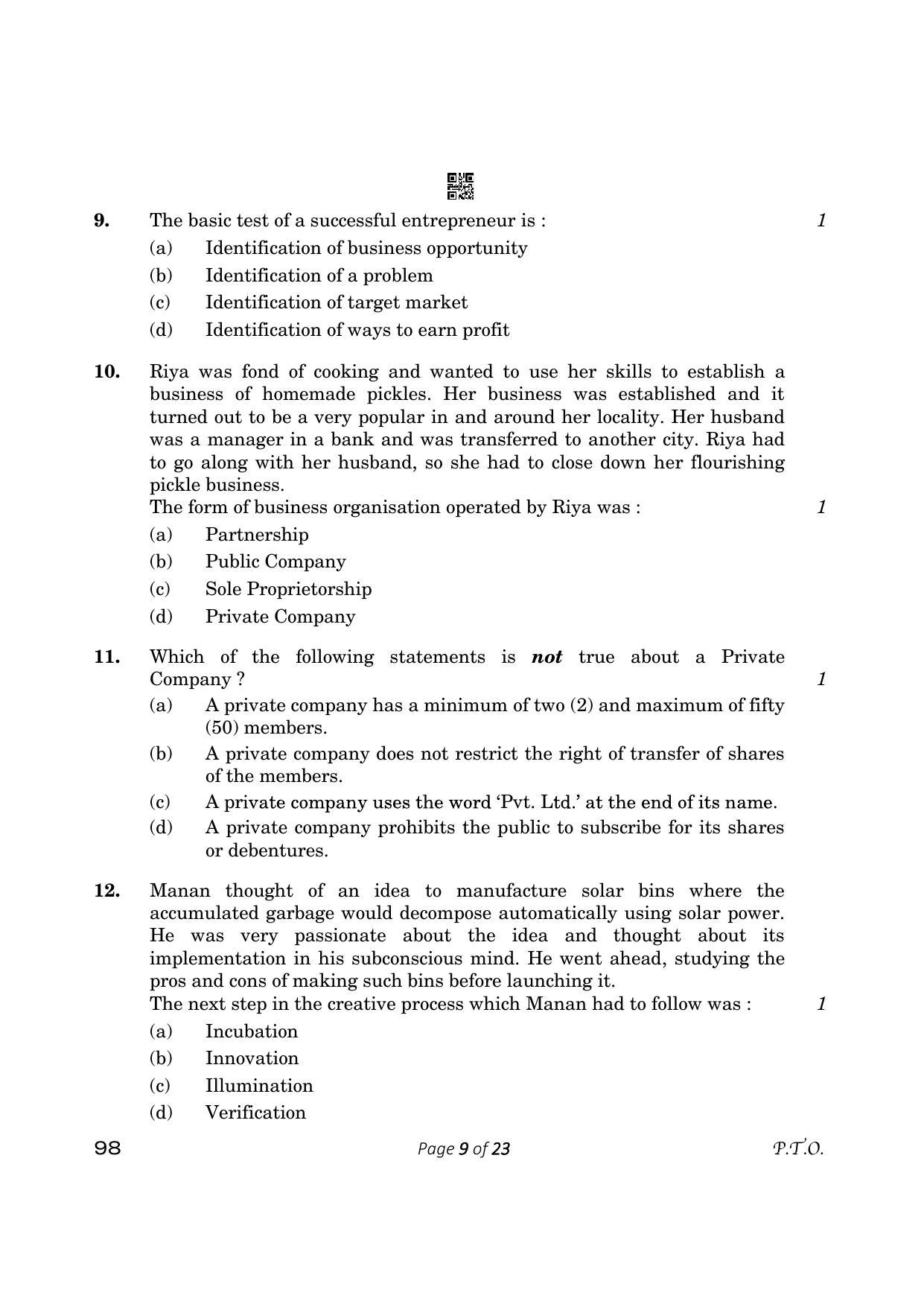 CBSE Class 12 Entrepreneurship (Compartment) 2023 Question Paper - Page 9
