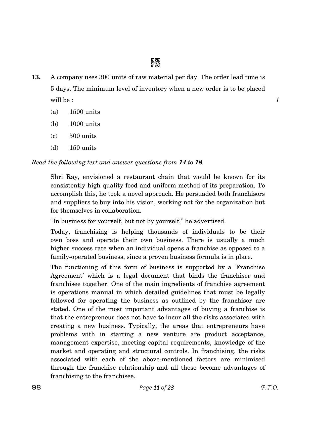 CBSE Class 12 Entrepreneurship (Compartment) 2023 Question Paper - Page 11