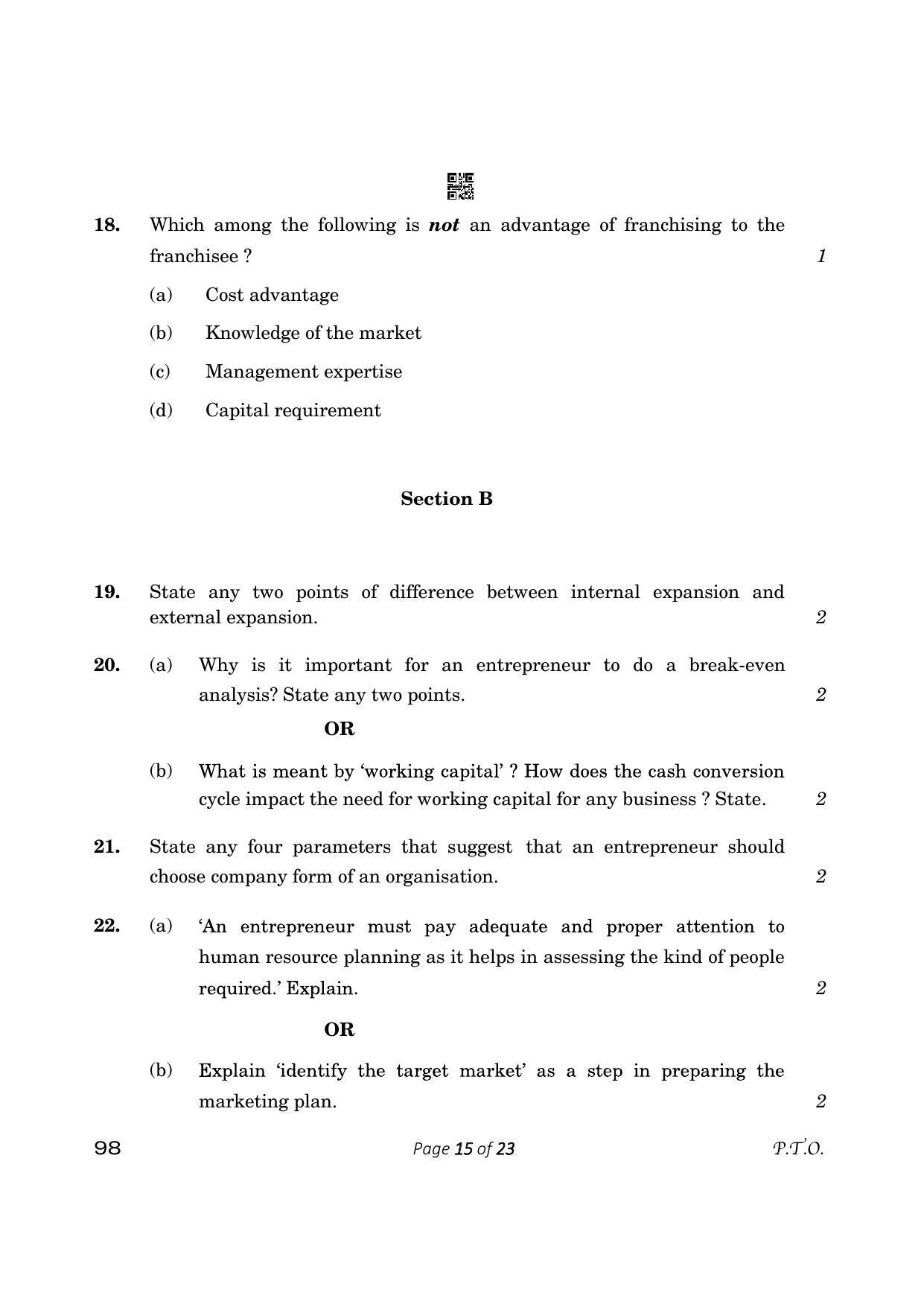 CBSE Class 12 Entrepreneurship (Compartment) 2023 Question Paper - Page 15