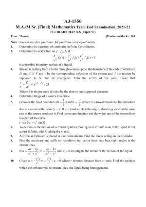 Bilaspur University Question Paper 2021-2022:M.Sc (Final) Mathematics Fluid Mechanics paper 1