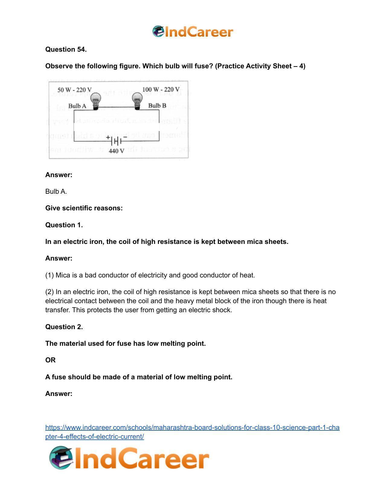 Maharashtra Board Solutions for Class 10- Science (Part 1): Chapter 4- Effects of Electric Current - Page 63