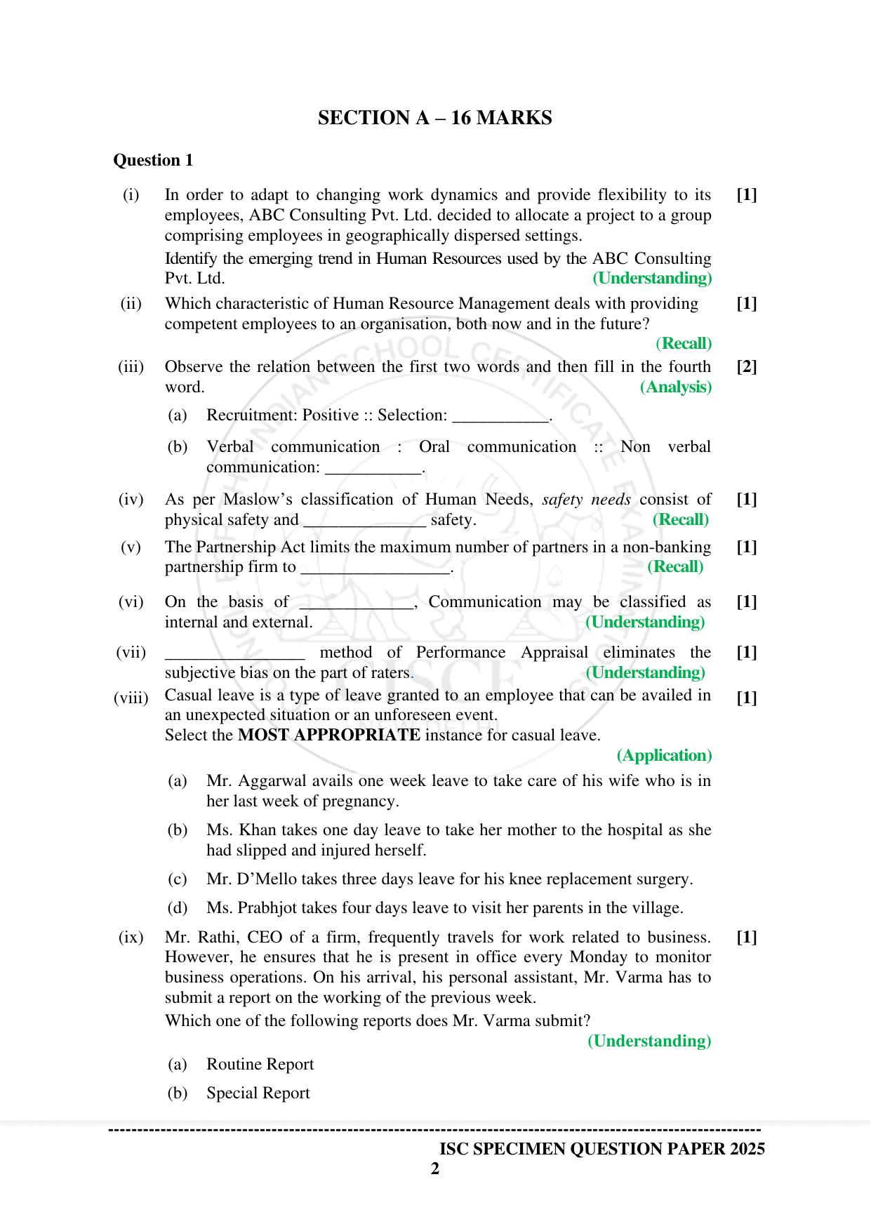 ISC Class 12 2025 BUSINESS STUDIES (SQP & AK) Specimen Paper - Page 2