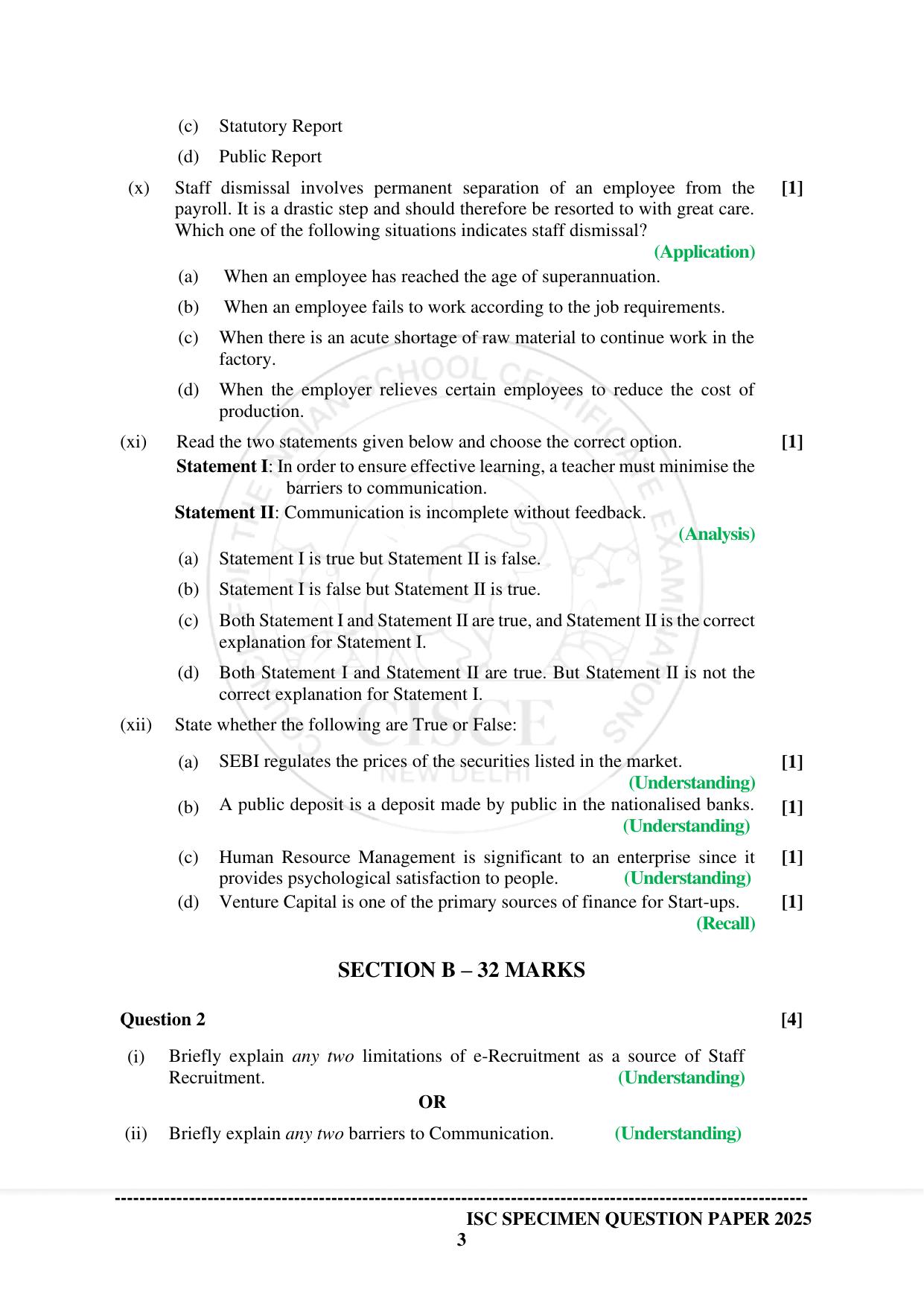ISC Class 12 2025 BUSINESS STUDIES (SQP & AK) Specimen Paper - Page 3