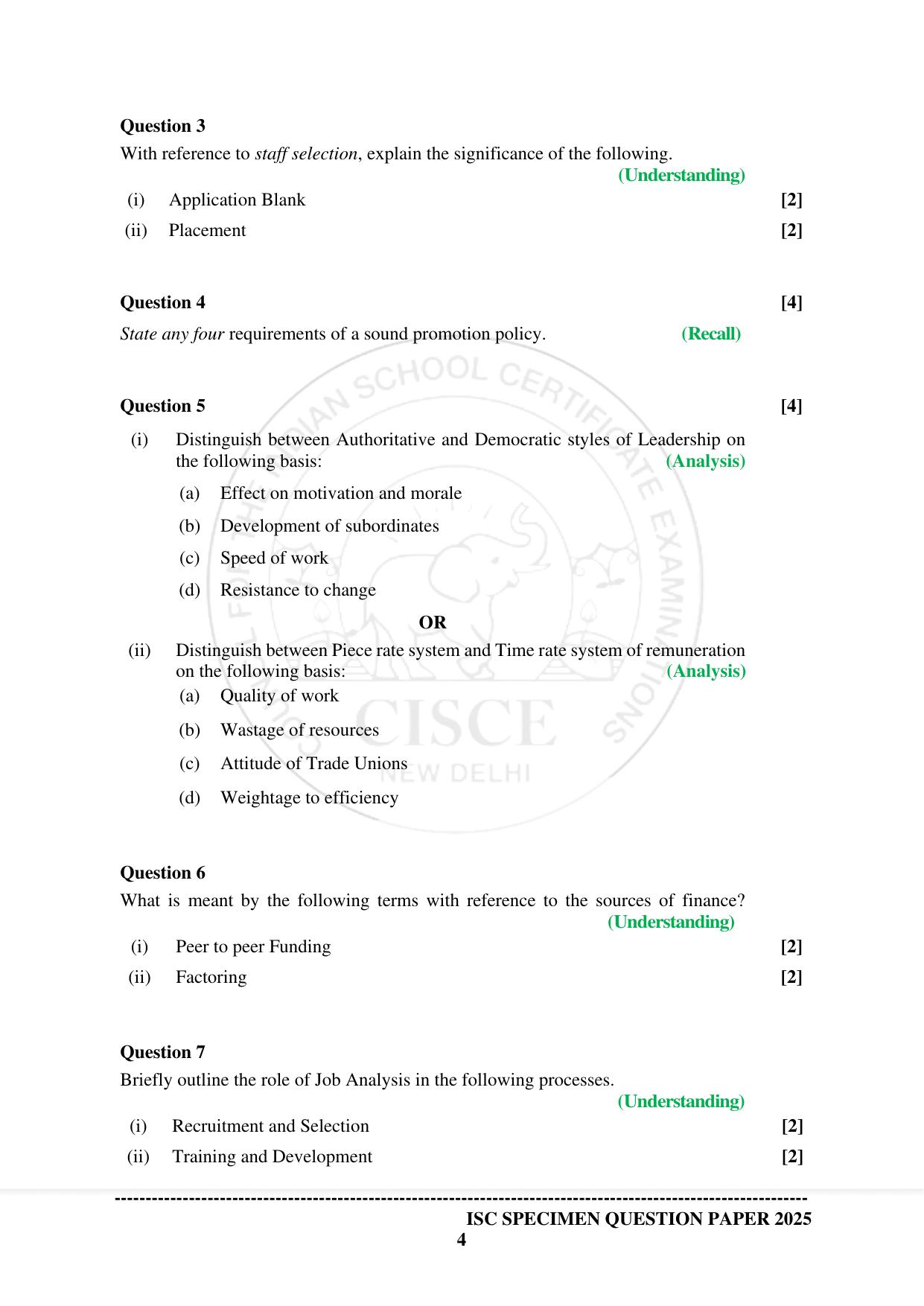 ISC Class 12 2025 BUSINESS STUDIES (SQP & AK) Specimen Paper - Page 4