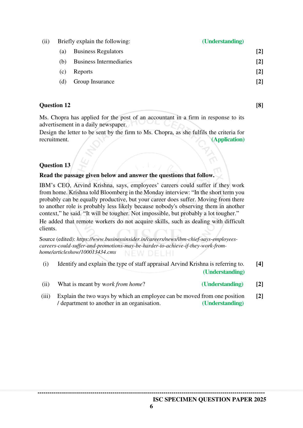 ISC Class 12 2025 BUSINESS STUDIES (SQP & AK) Specimen Paper - Page 6