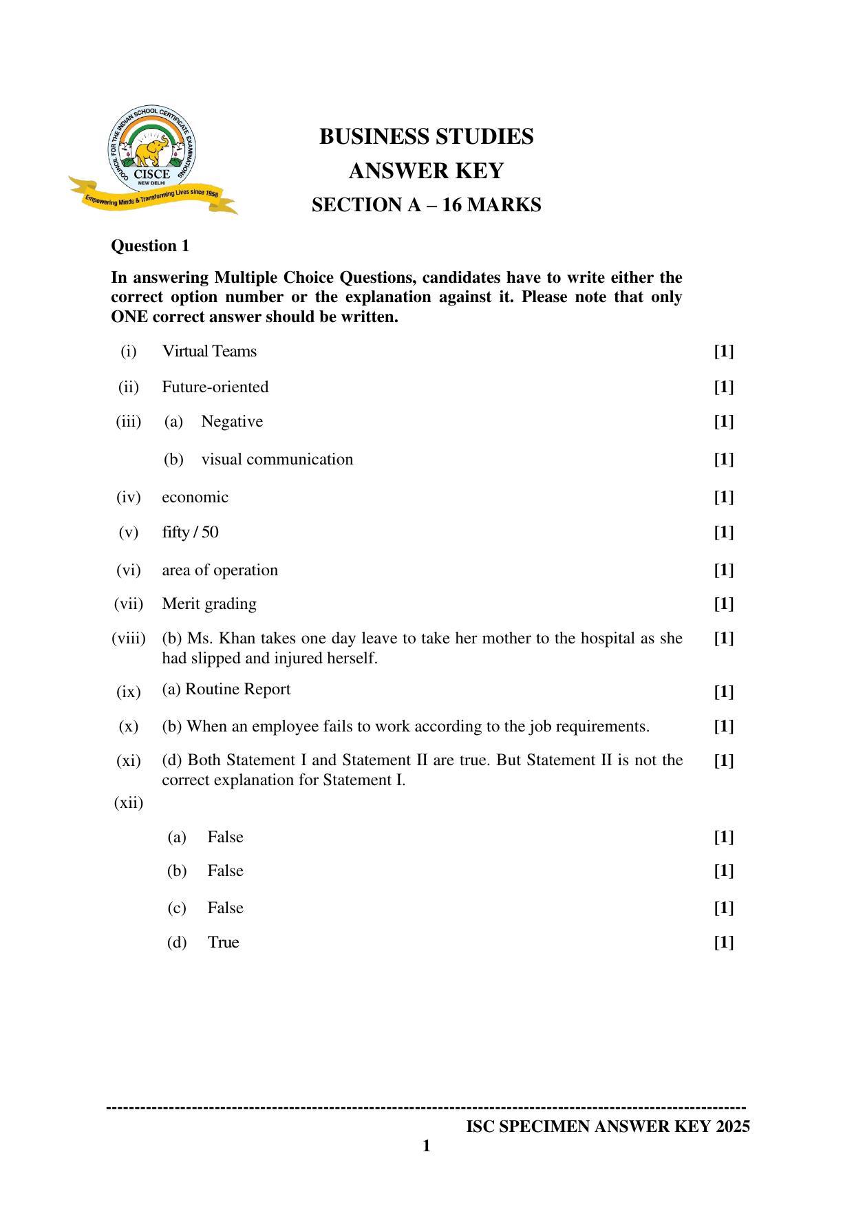 ISC Class 12 2025 BUSINESS STUDIES (SQP & AK) Specimen Paper - Page 7