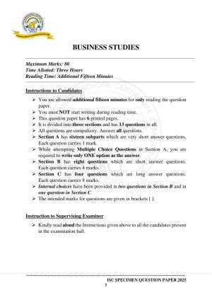 ISC Class 12 2025 BUSINESS STUDIES (SQP & AK) Specimen Paper