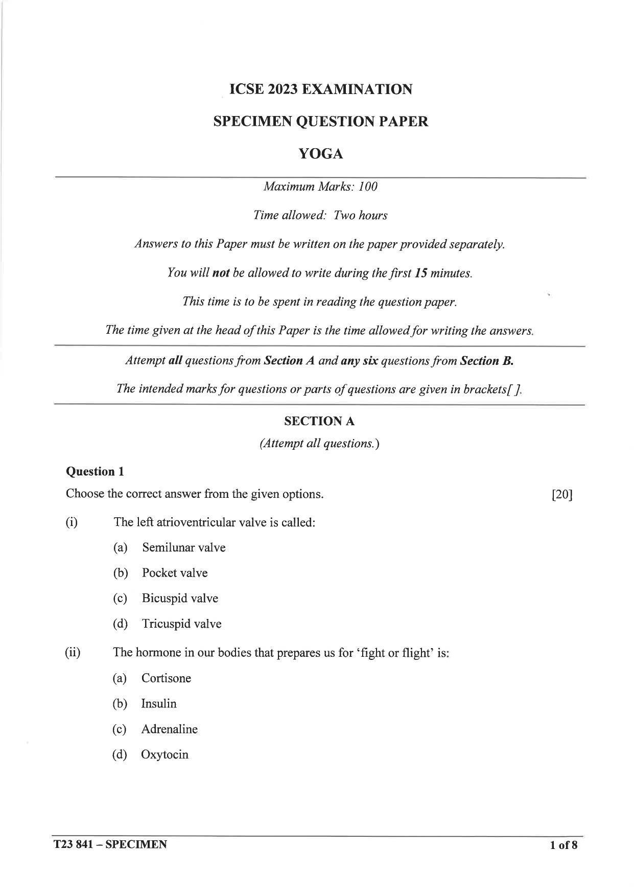 ICSE Class 10 Yoga Sample Paper 2023 - Page 1