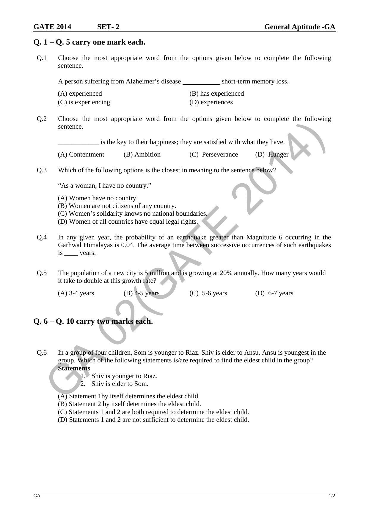 GATE 2014 Agricultural Engineering (AG) Question Paper with Answer Key - Page 5