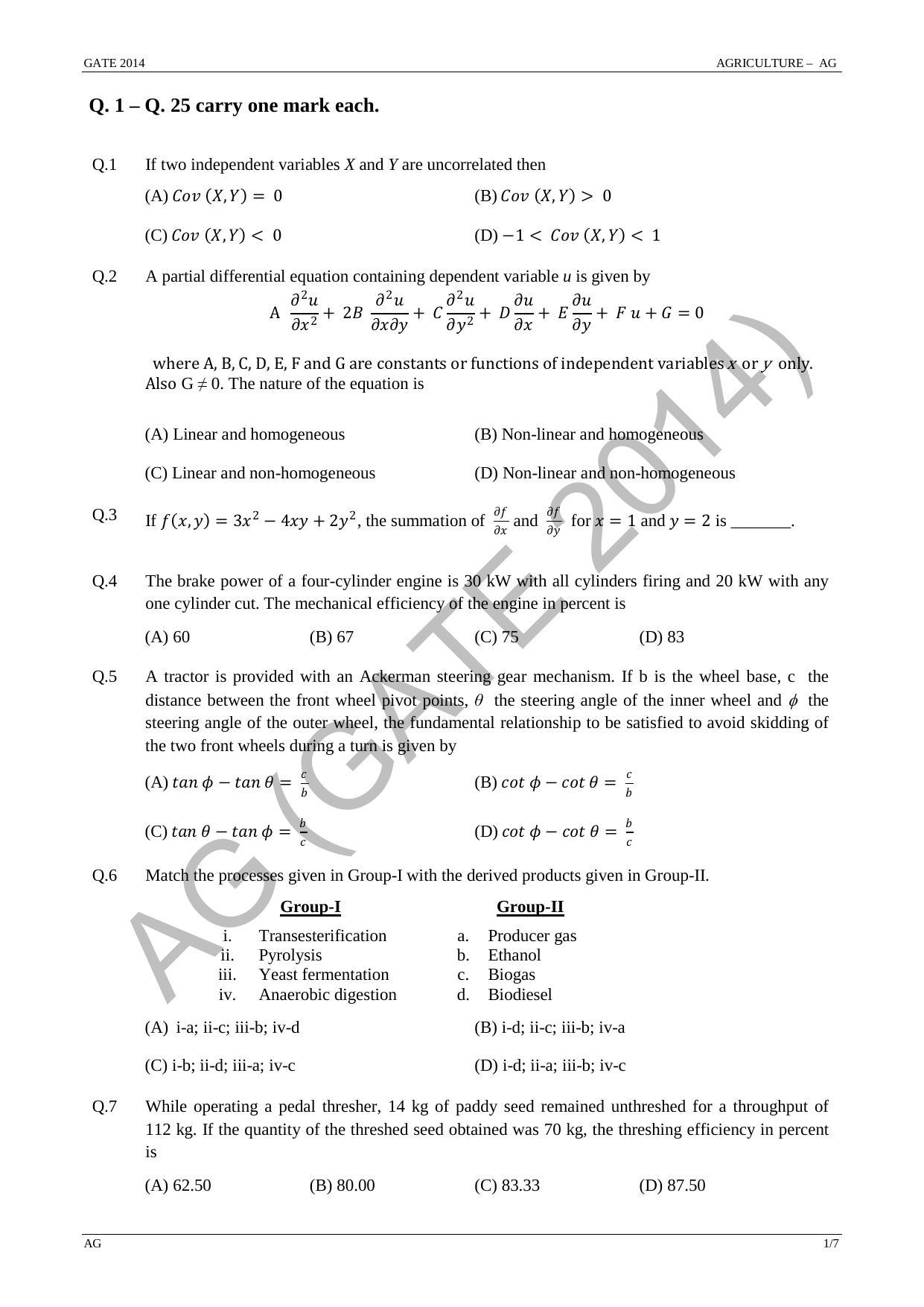 GATE 2014 Agricultural Engineering (AG) Question Paper with Answer Key - Page 7