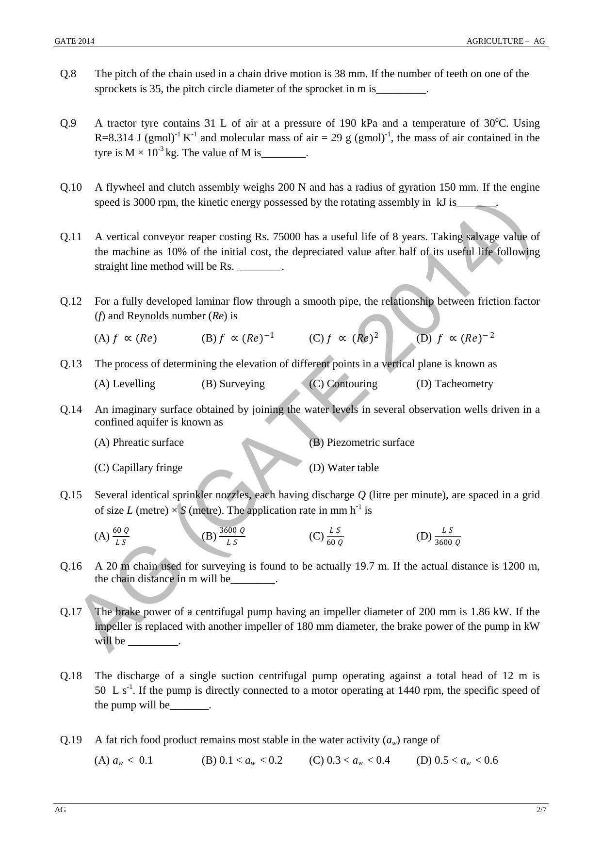 GATE 2014 Agricultural Engineering (AG) Question Paper with Answer Key - Page 8
