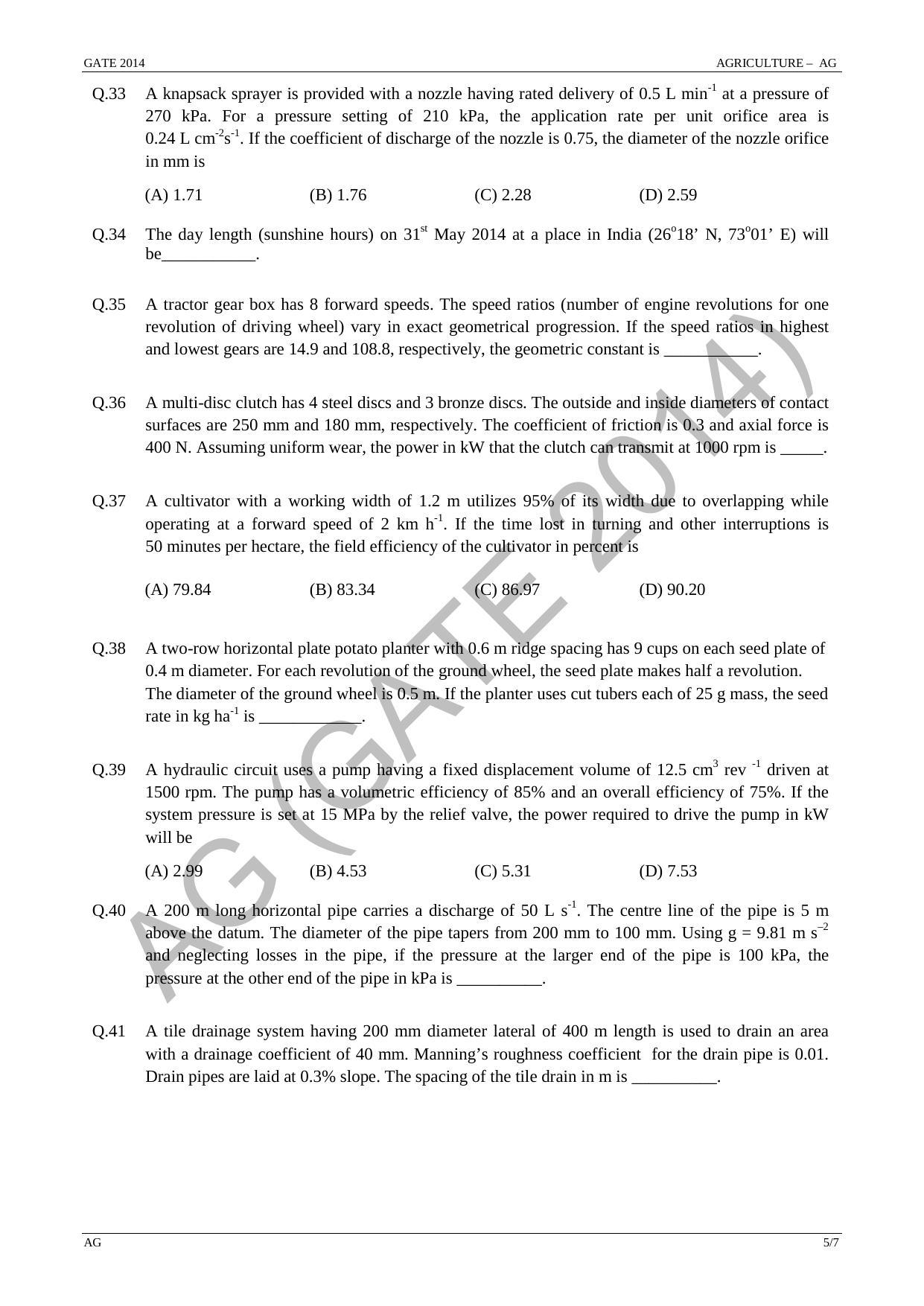 GATE 2014 Agricultural Engineering (AG) Question Paper with Answer Key - Page 11