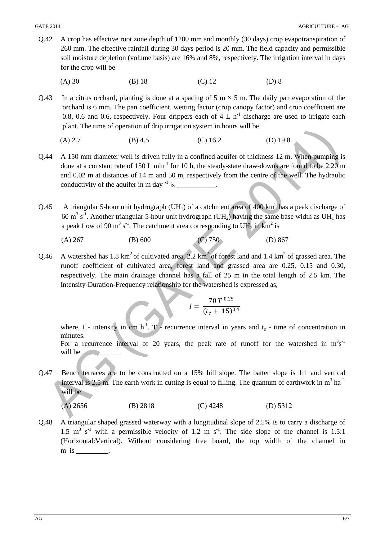 GATE 2014 Agricultural Engineering (AG) Question Paper with Answer Key - Page 12