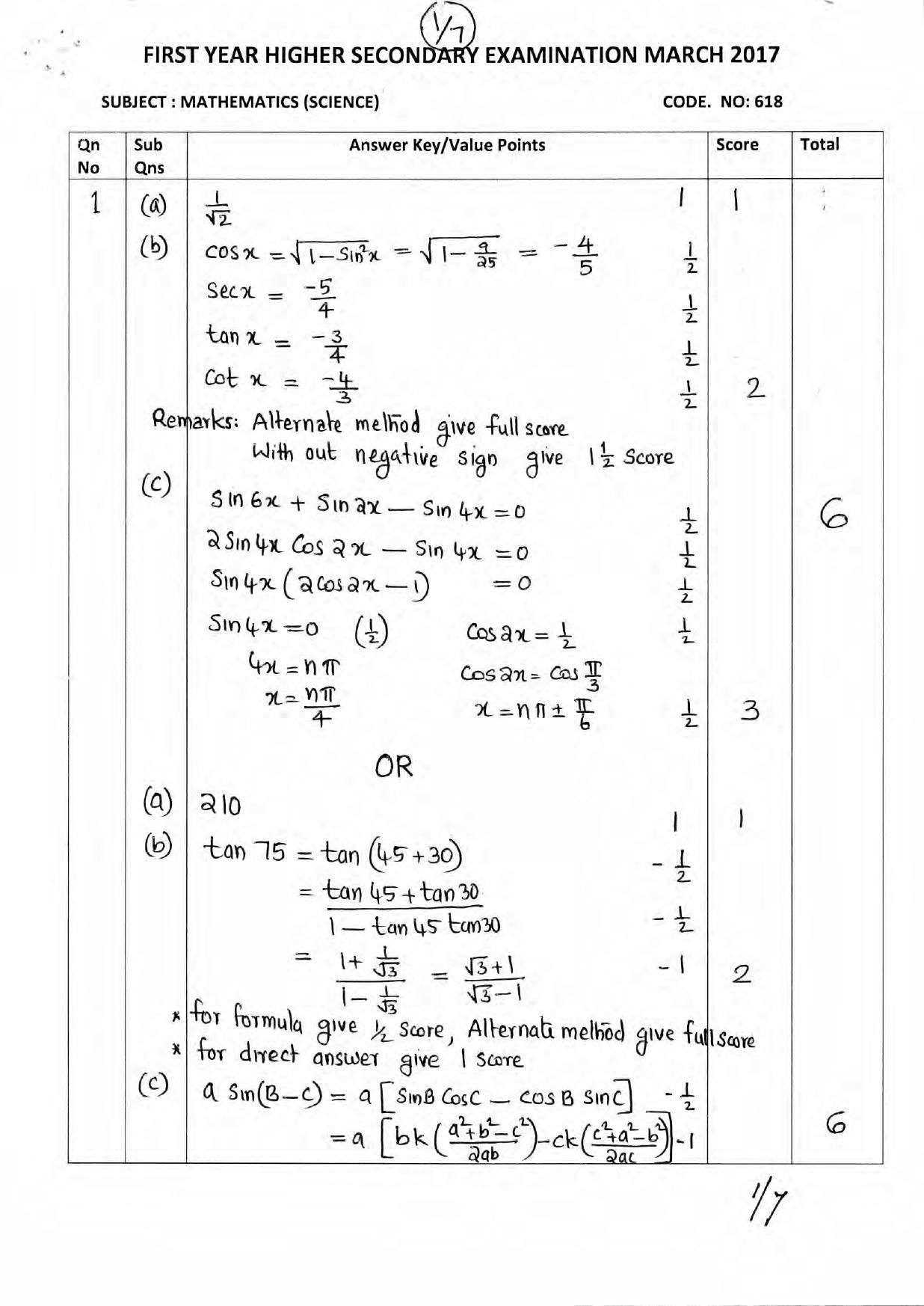 Kerala Plus One 2017 Maths (Science) Answer Key - Page 1