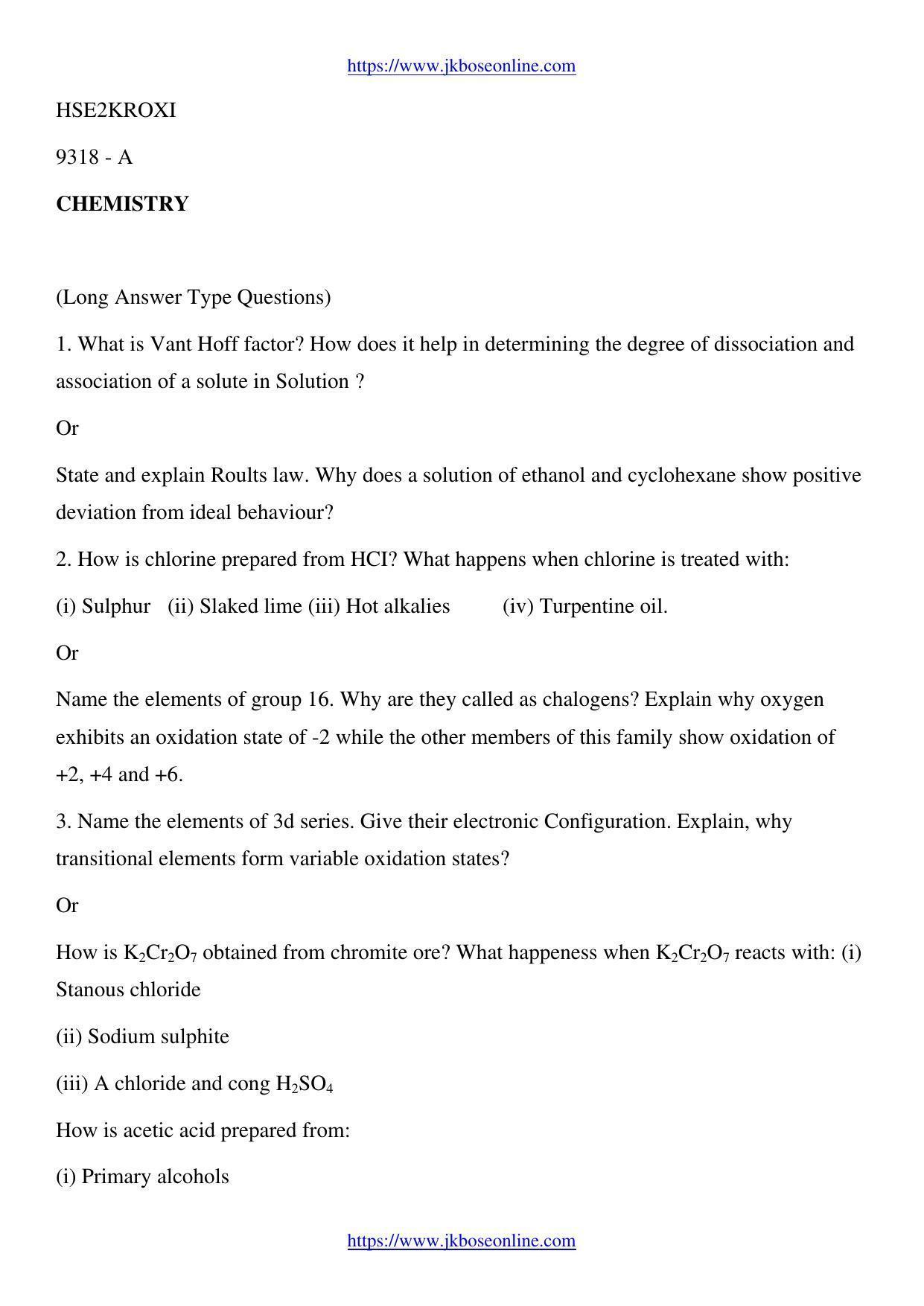 JKBOSE Class 12 Chemistry Question Papers 2011 (9318-A) - Page 1