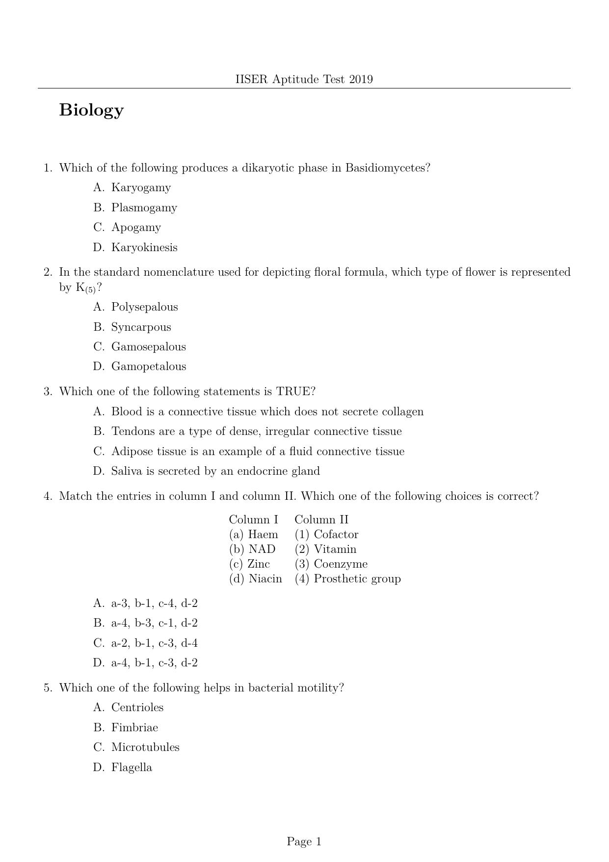 IISER Aptitude Test 2019 English Question Paper - Page 1