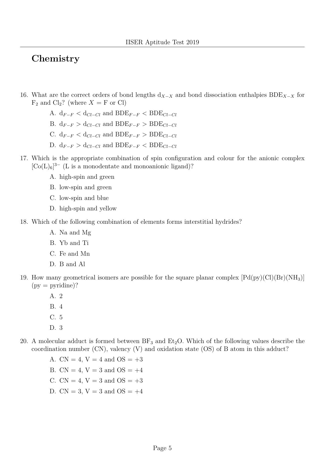 IISER Aptitude Test 2019 English Question Paper - Page 5