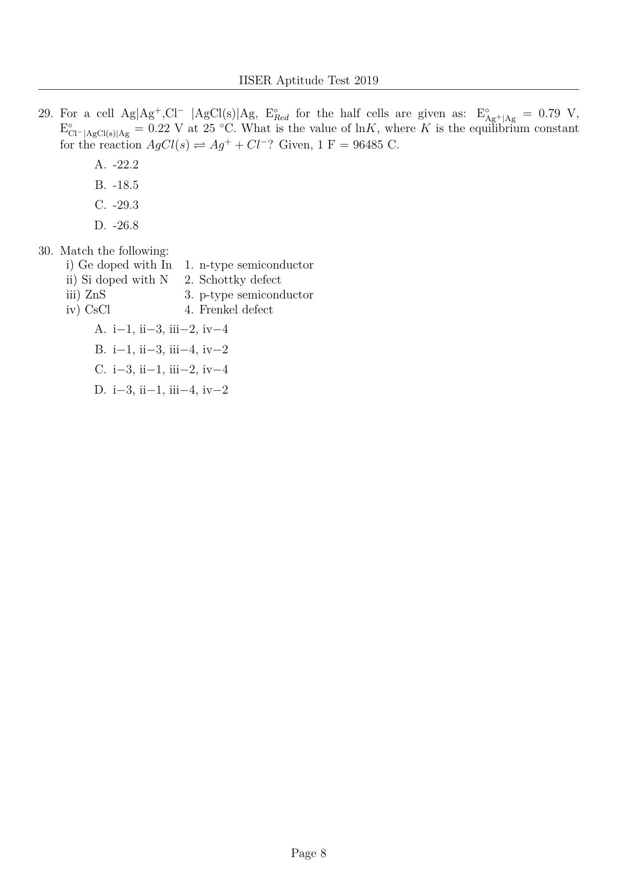 IISER Aptitude Test 2019 English Question Paper - Page 8