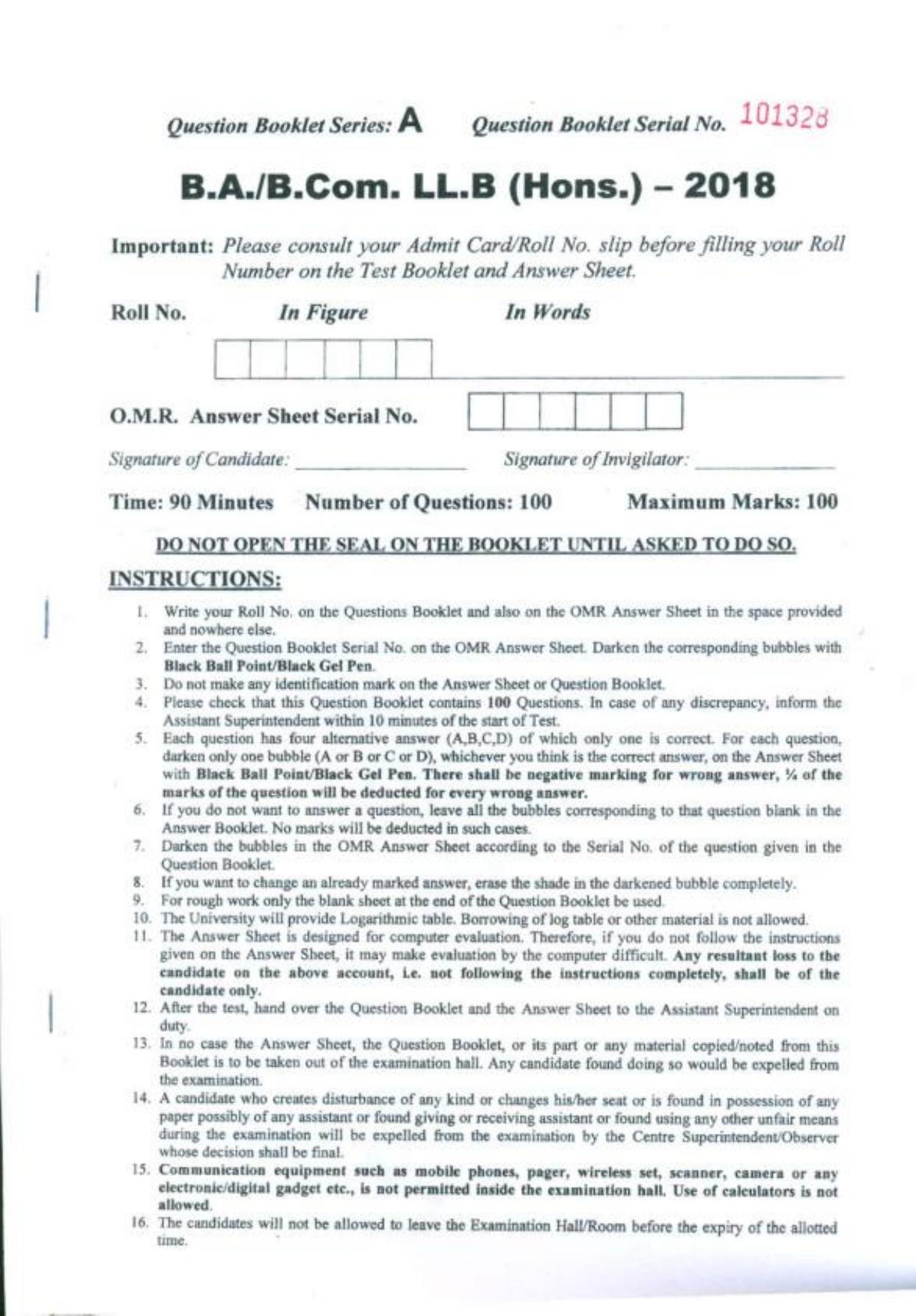 PU B.A./B.Com. LLB. (Hons.) 2018 Question Paper - Page 1