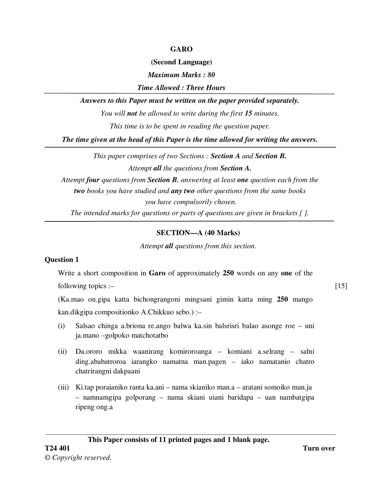 ICSE Class 10 Garo 2024 Question Paper - Page 1