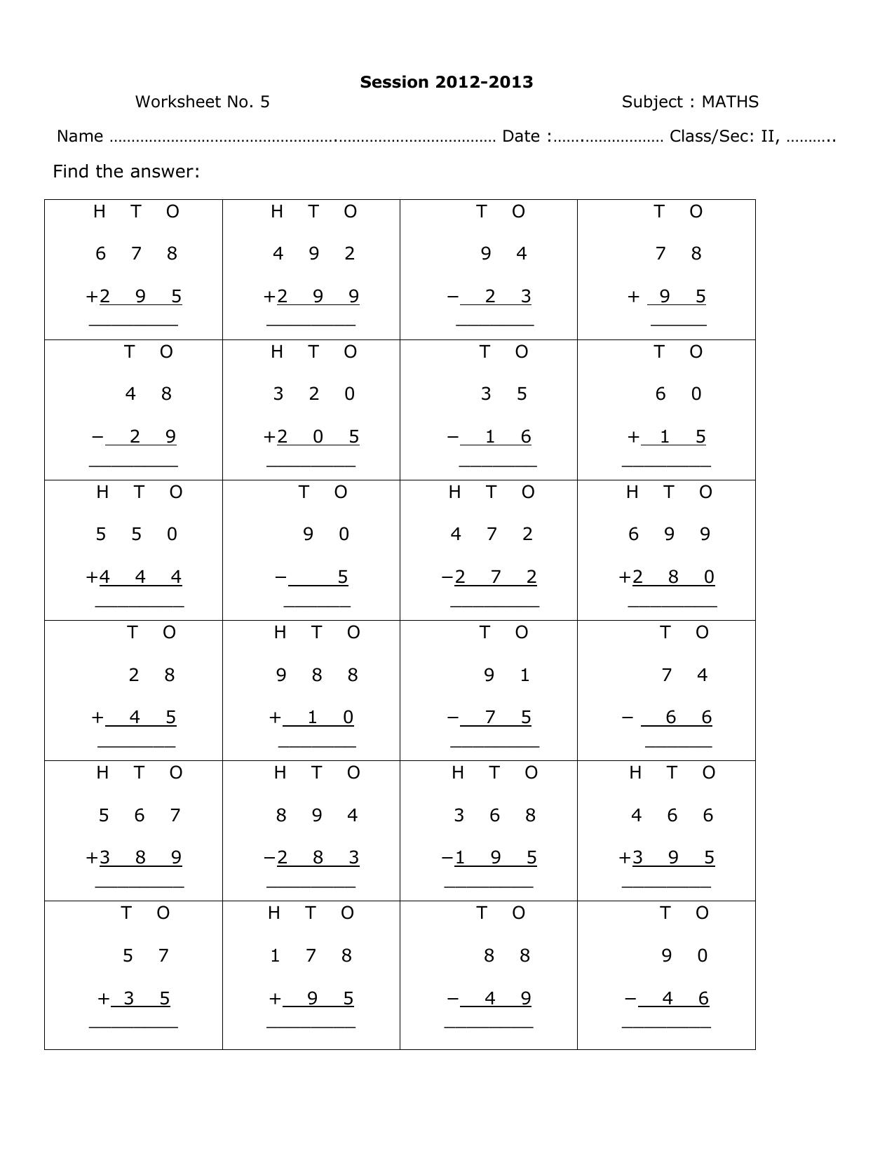 Worksheets for Class 2 Maths Assignment 6 - Page 1