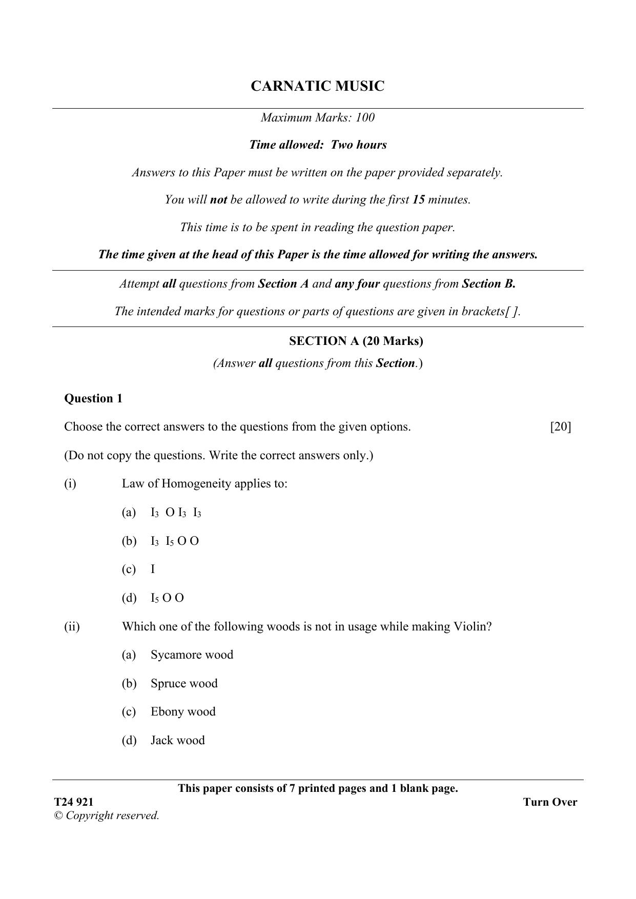 ICSE Class 10 Carnatic Music 2024 Question Paper - Page 1